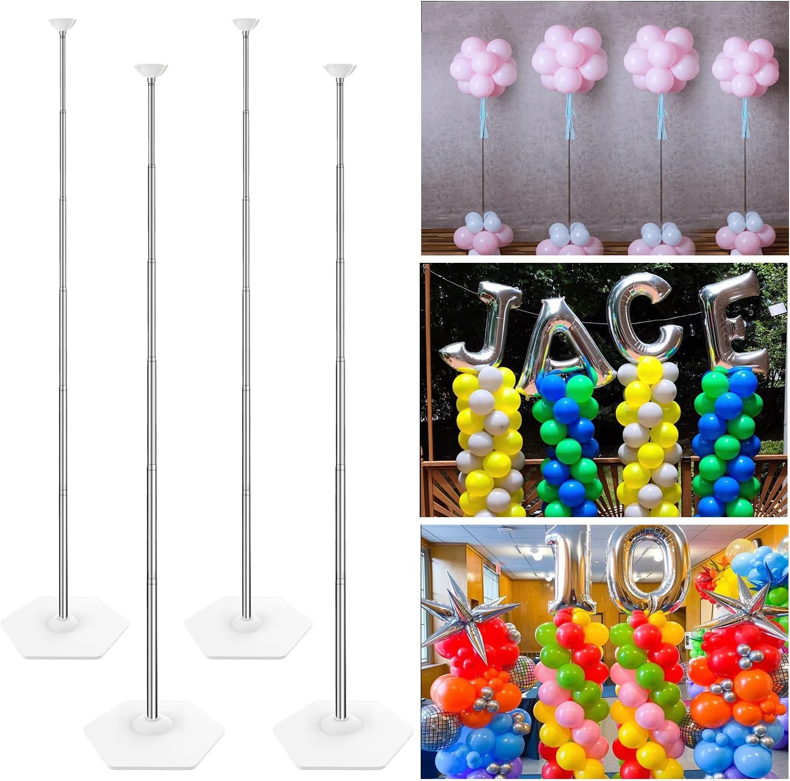 YALLOVE Metal Balloon Column Stand Kit, 4 Sets of 7 Feet Height Adjustable Balloon Tower Pillar with Reusable Telescopic Design for Birthday, Wedding, Baby Shower, Graduation Party Decoration