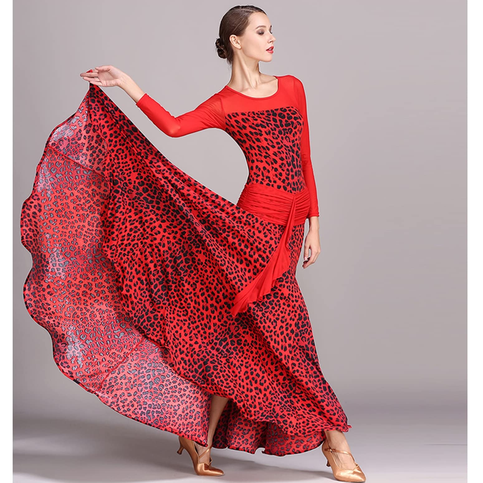 Disfraces De Actuación De Vals Estampados para Mujer Vestidos Entrenamiento Baile Flamenco Malla Manga Larga Ropa De Baile Plisada Tango Foxtrot De Cuello Redondo