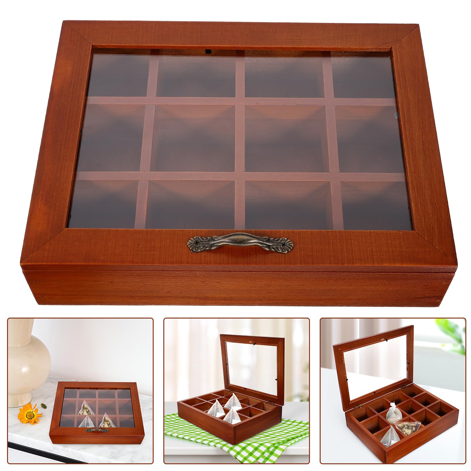 Caja de Almacenamiento de Madera Marrón con 12 Compartimentos para Bolsitas de Té, Diseño Elegante y Portátil para Área de Comedor y Decoración del Hogar