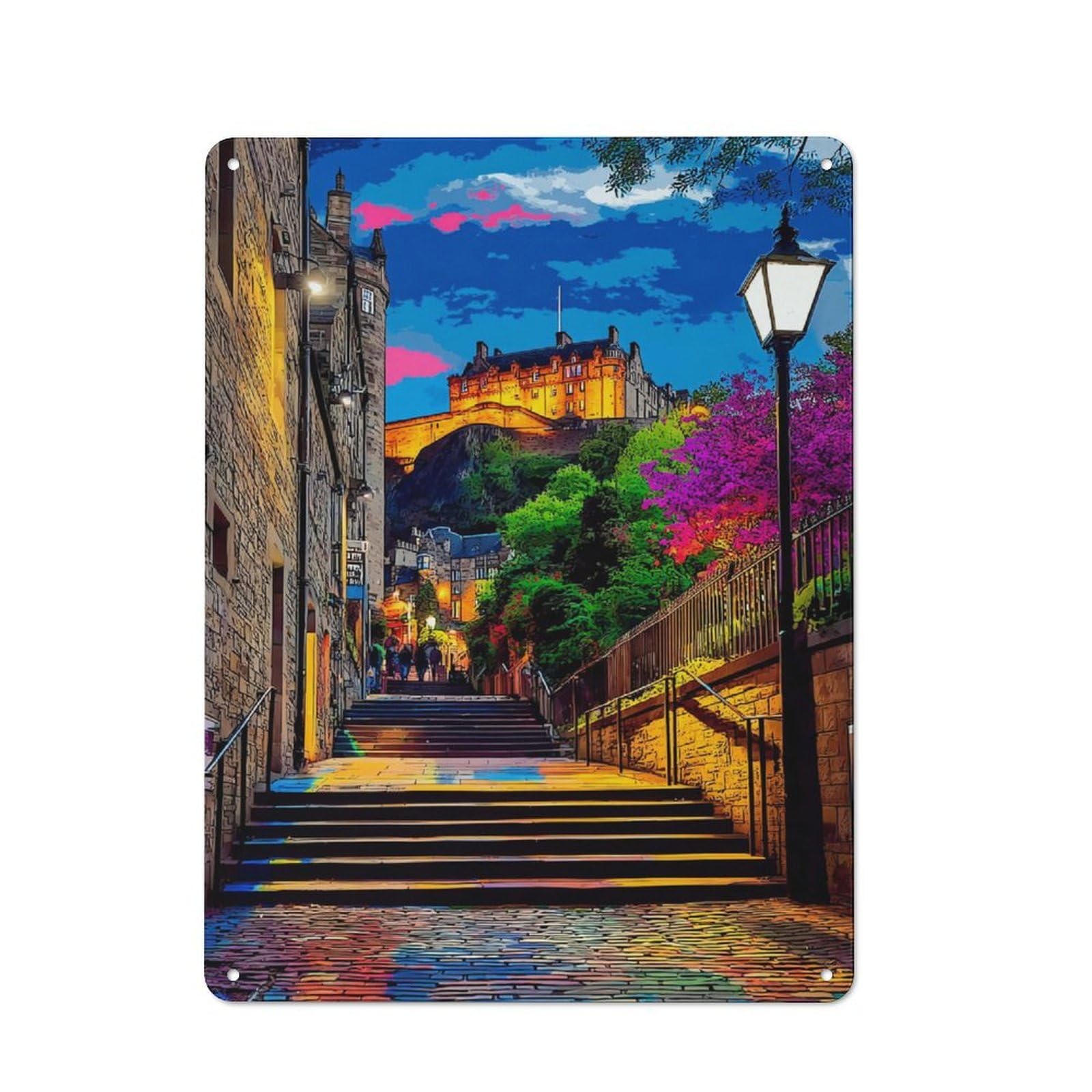 Junmoney Castle Steps At Sunset Rustic Metal Wall Decor 40X30cm, Decorative Tin Sign For Farmhouse Kitchen, Pantry Or Dining Area