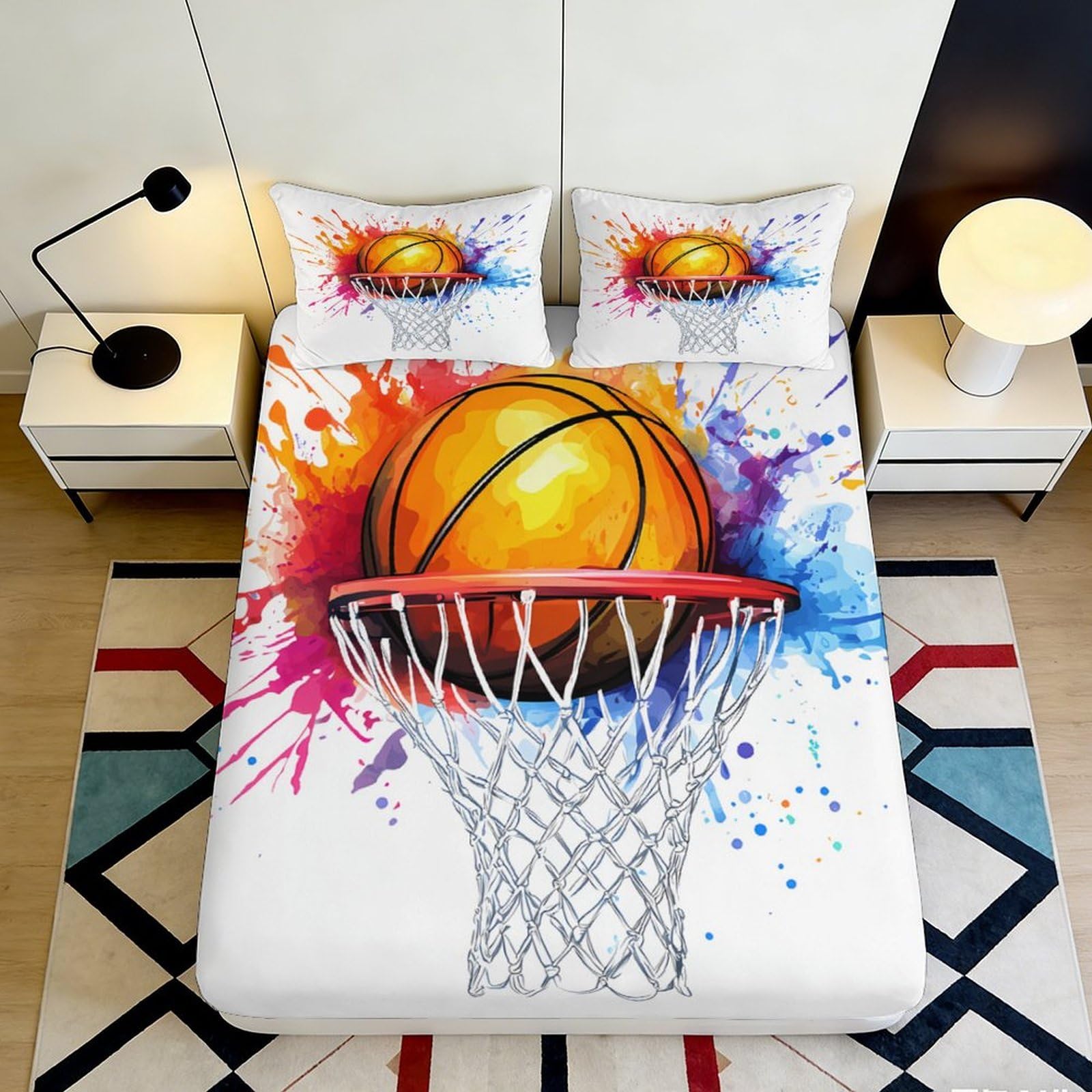 3D Printed Basketball Splash Fitted Sheet Microfiber Soft Mattress Cover Colorful Hoop for Bedroom Dorm Decor 90x200x25cm