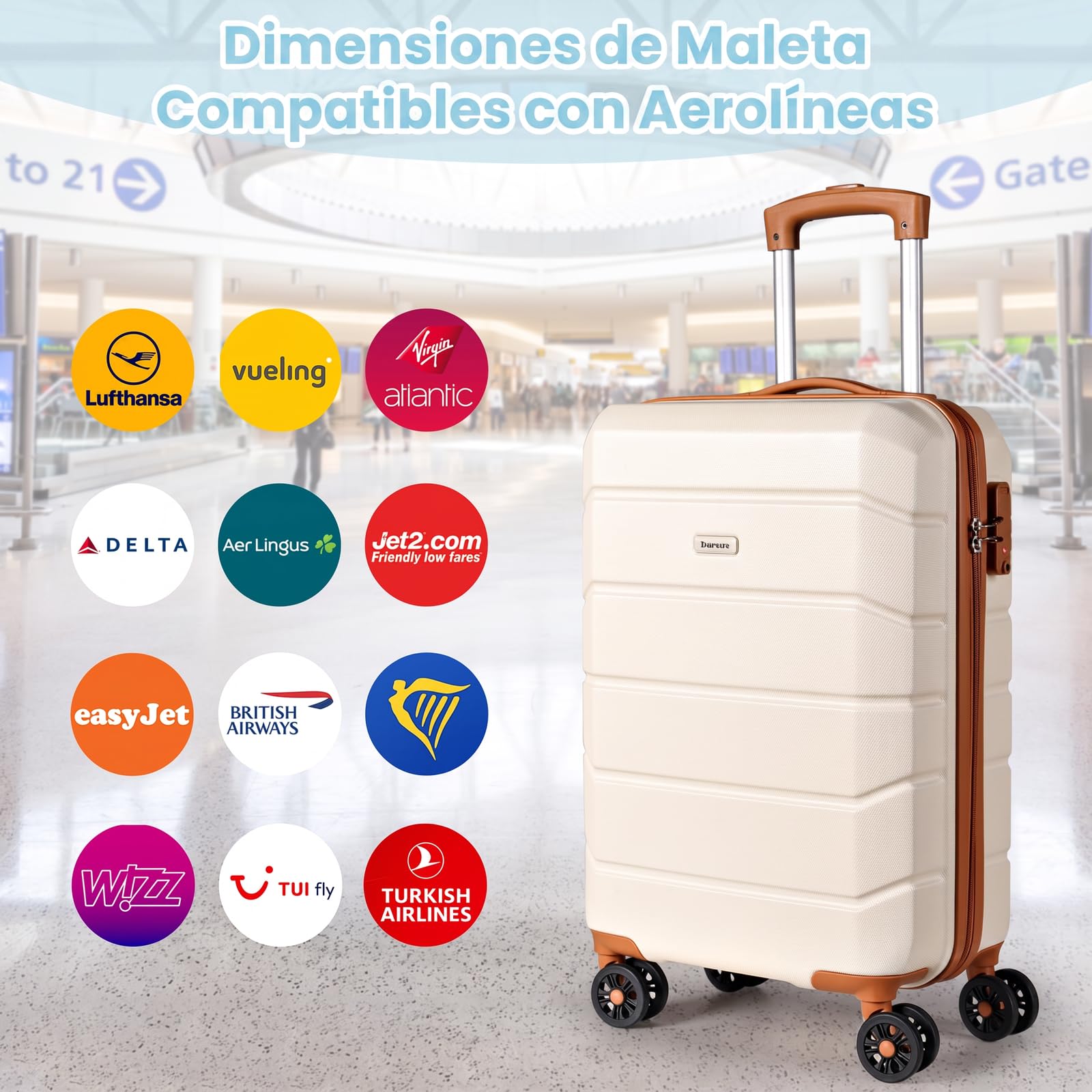 H.yeed Juego de Maletas de Viaje de 3 Piezas, Maleta de Cabina Rígida de ABS Ligera con 4 Ruedas Giratorias y Cerradura TSA, 21" + Bolsa de Viaje y Neceser, Blanco