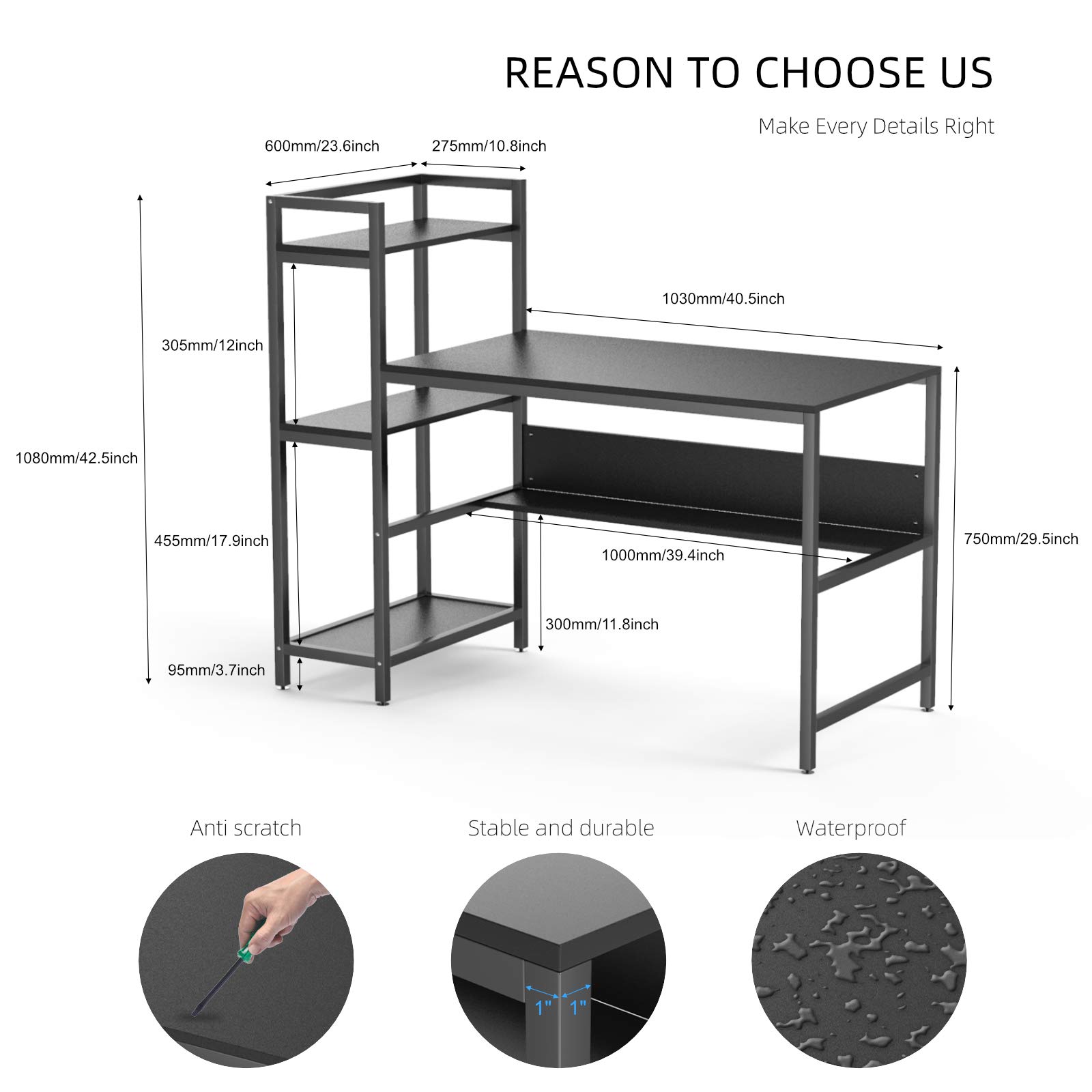 Tower Computer Desk with 4 Storage Shelves Writing Study Table with