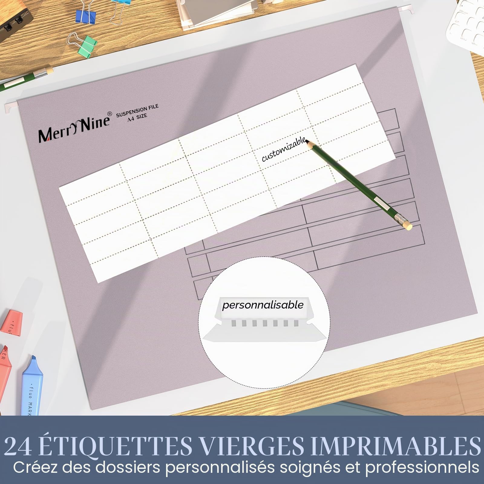 MerryNine Lot de 24 dossiers suspendus A4 avec onglets et inserts de carte pour l'école, la maison, le travail et le bureau (couleur mélangée 6, A4)