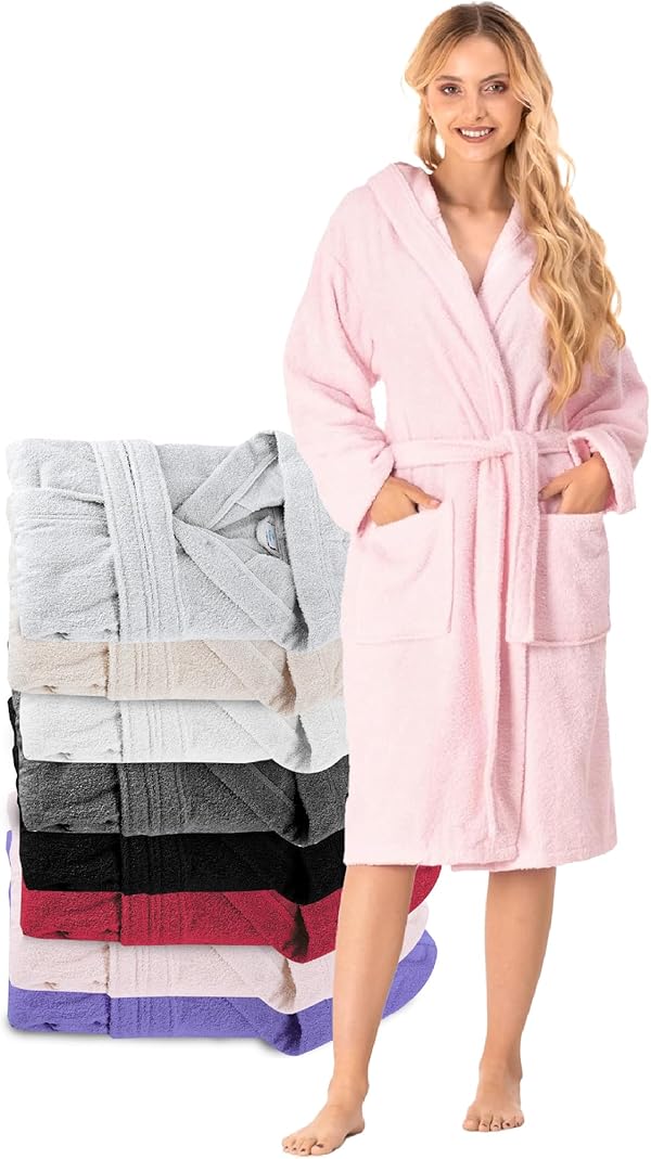 Twinzen Bademantel Damen - 100% Baumwolle OEKO-TEX® Zertifiziert - XS, S, M, L, XL - Morgenmantel Damen mit Kapuze, 2 Taschen, Gürtel