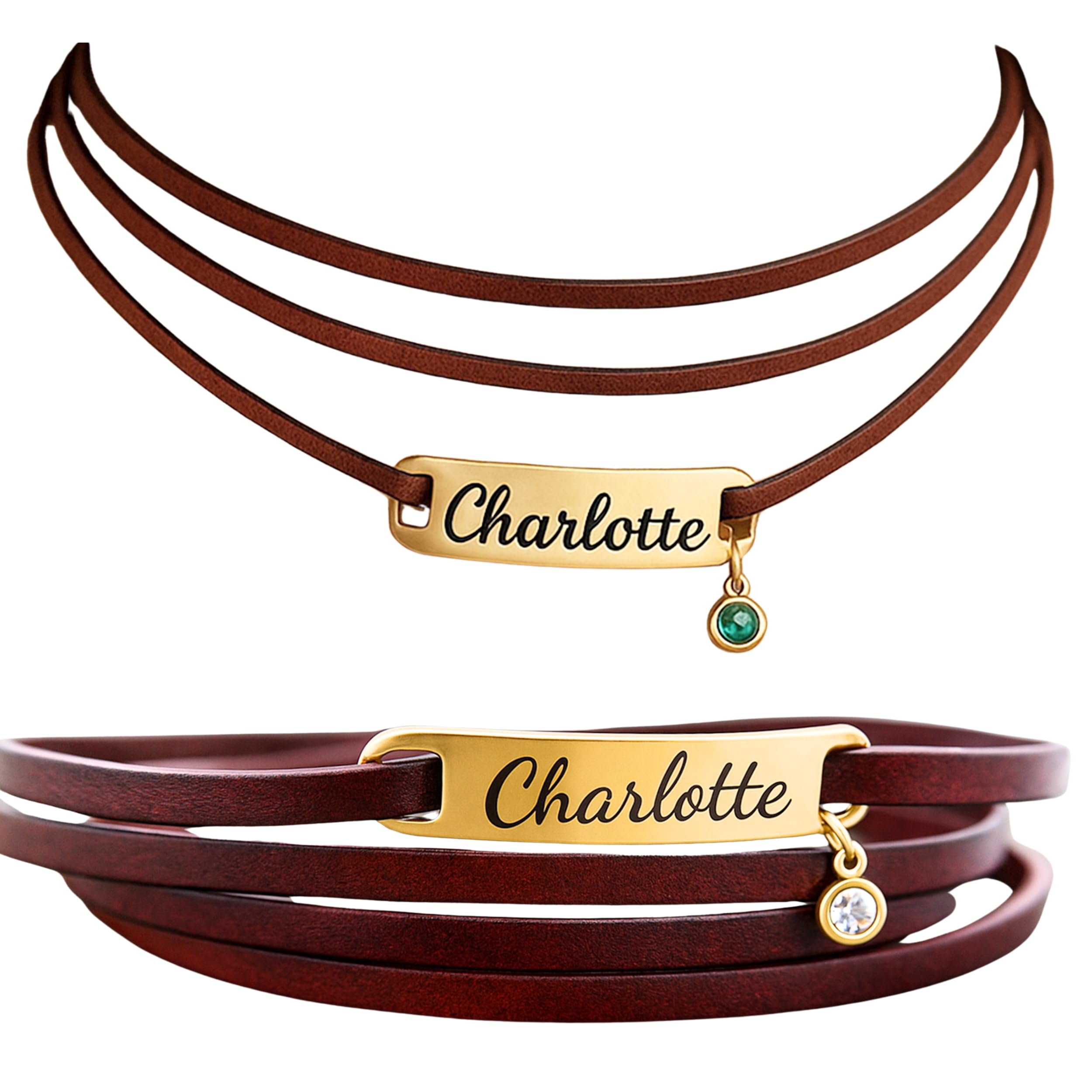 Halsband Personalisiert Damen – Lederkette mit Gravur | Halskette mit Namen, Choker Kette mit Geburtsstein Anhänger | Kropfband Braun | Geschenke aus Leder für Frauen | Geschenk beste Freundin Schmuck
