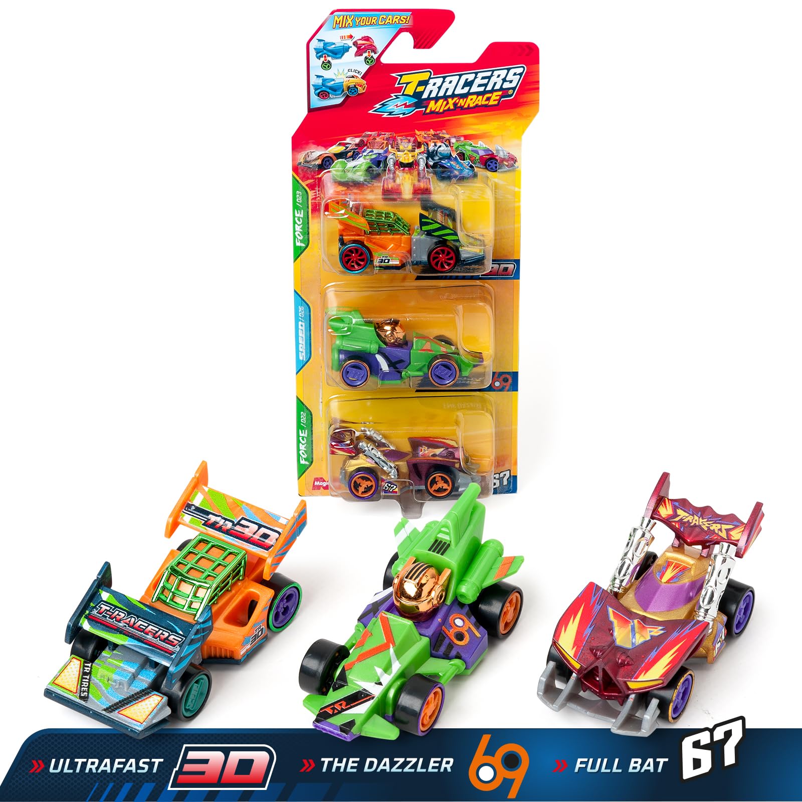 Primer plano de los tres coches T-Racers Mix 'N Race, mostrando sus partes separadas listas para ser intercambiadas.