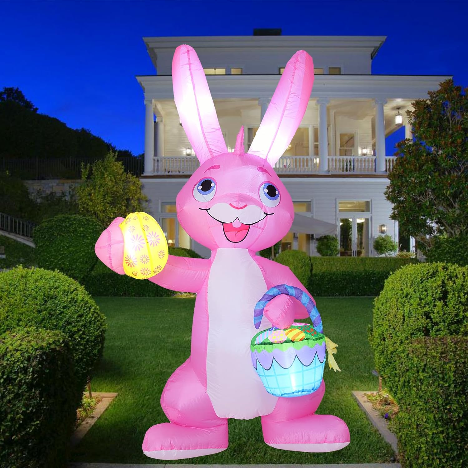 6 FT Easter Inflatables Bunny Outdoor Decoration, Blow Up Bunny with Egg and Basket, Lighted Easter Yard Decoration for Holiday Party Garden Lawn Decor