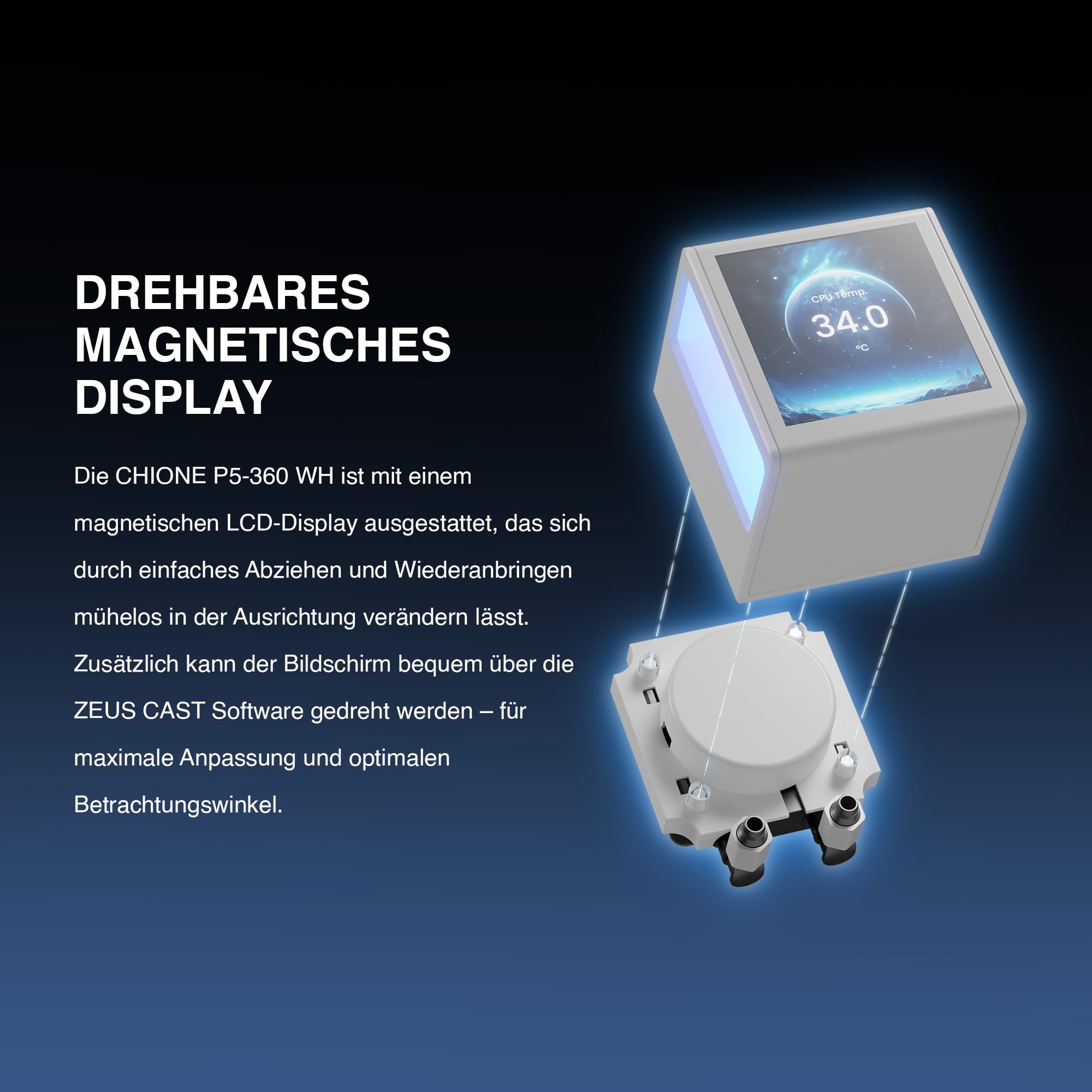 GAMDIAS CHIONE P5 360-mm-AIO-CPU-Wasserkühler, Drehbares Magnetisches 3,4-Zoll-IPS-LCD-Display, Anpassbare Software, Verstecktes Kabeldesign, ARGB-PWM-Lüfter, MB Sync, Intel LGA 1851, AMD AM5, Weiß