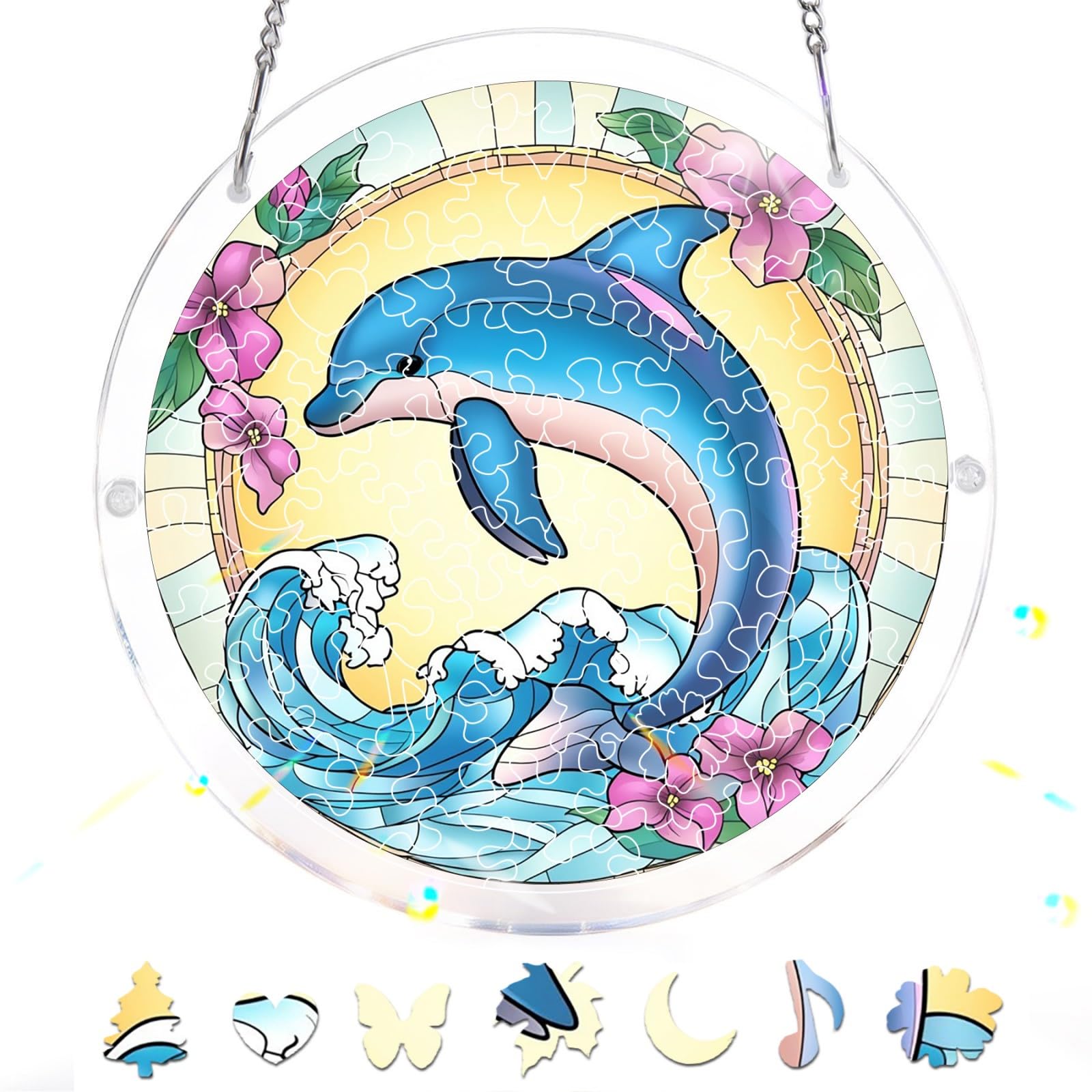 Bimkole 83 Pieces Acrylic Jigsaw Puzzle Suncatcher - Dolphin, Stained Glass Window Hanging Pendant, Home Decor Creative Mom Gifts, Sun Catcher Decor for Garden Home Birthday Gifts 18 cm