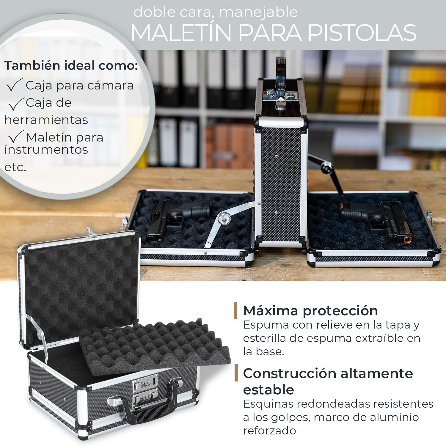HMF 14403-02 Maleta de Aluminio para Pistolas con Cerradura de Combinación | 42 x 26 x 12 cm | Negro