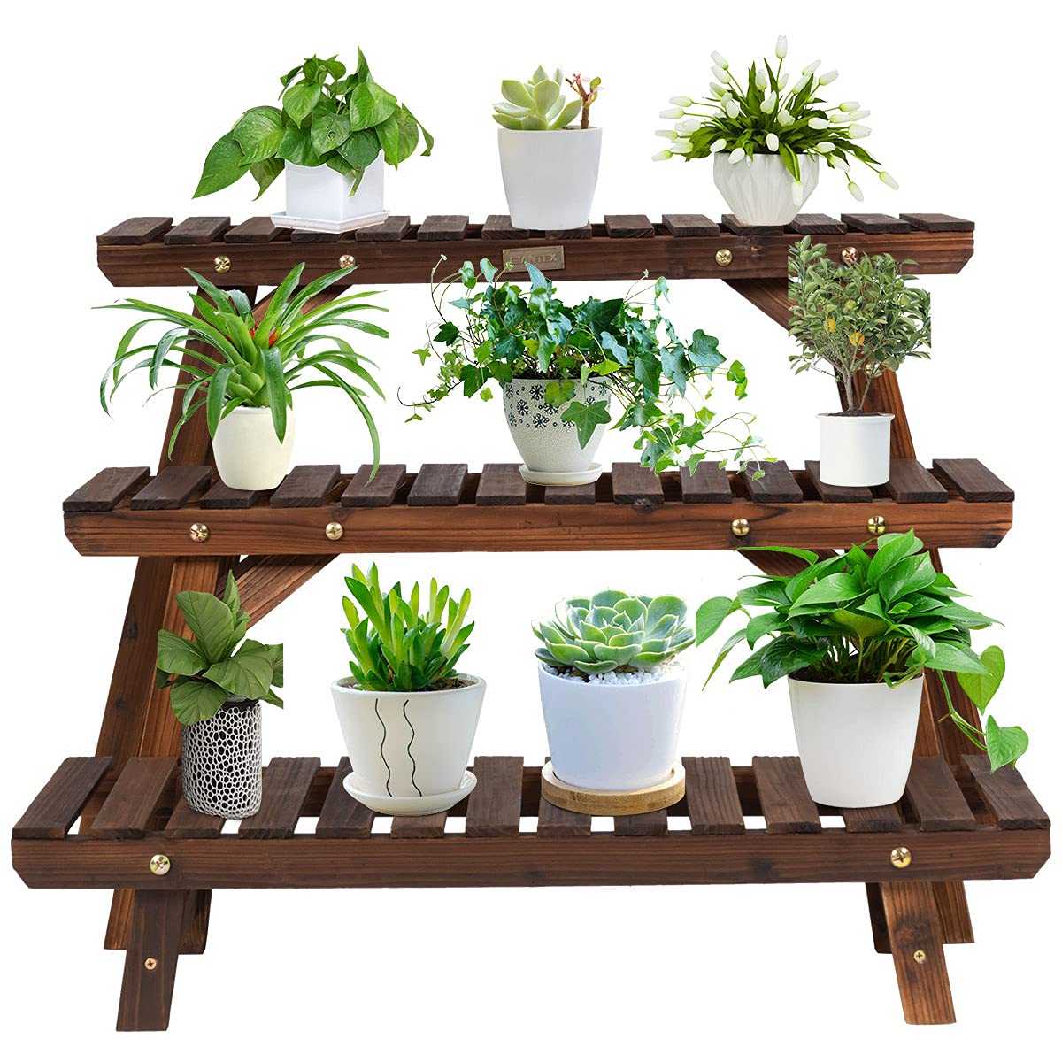 RELAX4LIFE Lot de 3 Étagères en Bois Carbonisée pour Plantes | Lot de 3 Supports de Pots de Fleurs, Charge Max 30 KG pour Balcon, Terrasse, Salon, Jardin