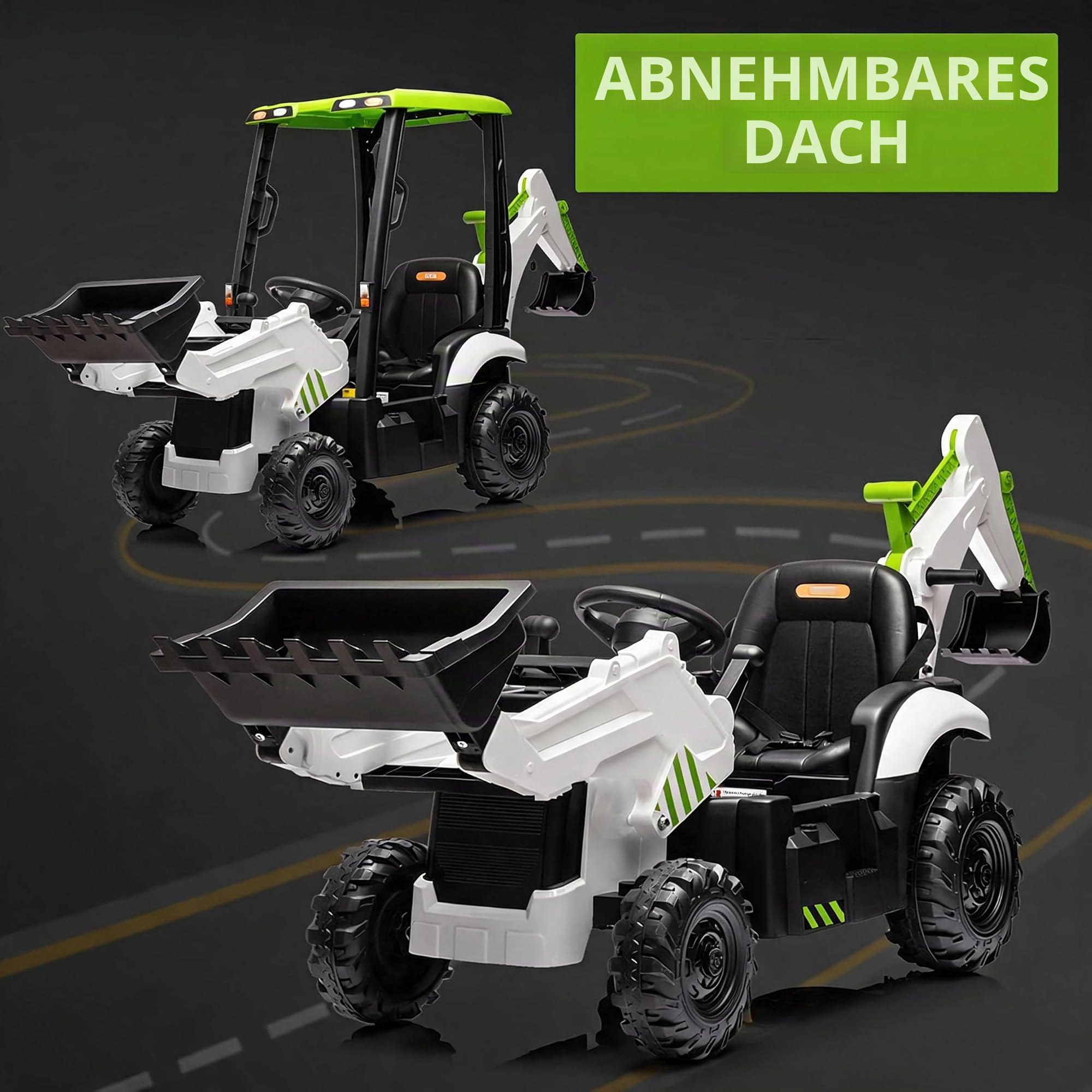 Garvee Kinder Elektrobagger 12V mit Frontlader, Bulldozer & abnehmbarem Zelt, Aufsitzbagger mit Fernbedienung, Hupe, 2-4 km/h, Elektro Baufahrzeuge, Elektrotraktor für Kinder ab 3 Jahren, Weiß