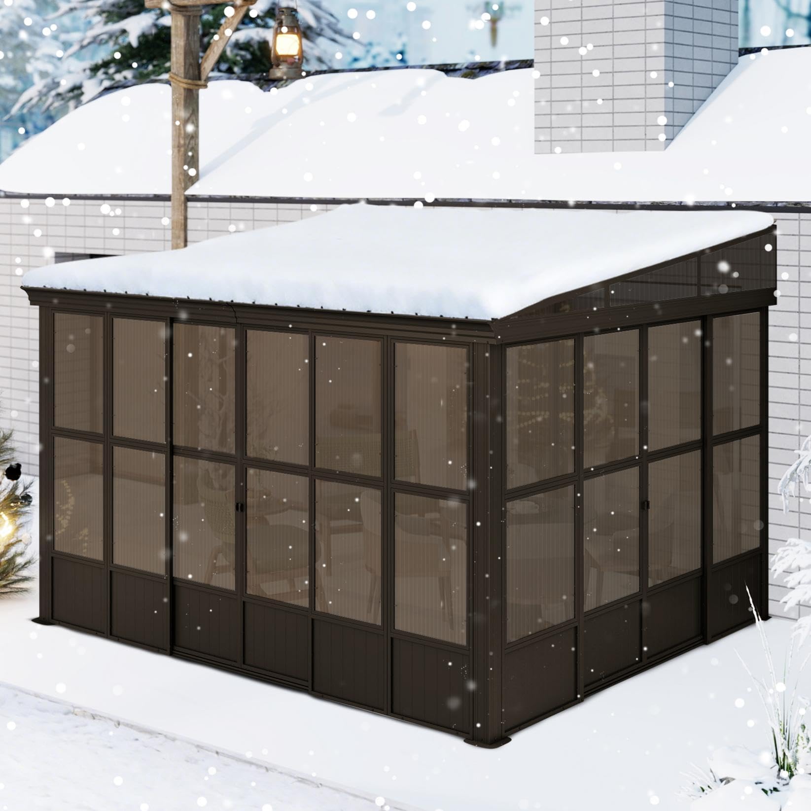 Domi 10x12FT Sunroom, Wall Mounted Sunroom Kit with Galvanized Steel Sloping Roof, Outdoor Sunroom Gazebo with Detachable PC Screen, 3 Sliding Double