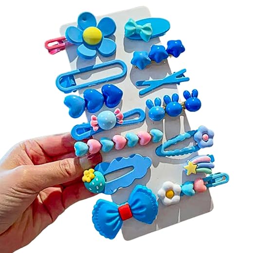 Kit 14 Presilhas de Cabelo Infantil Tic Tac - Céu e Nós - Acessórios Coloridos e Divertidos para Meninas (Temas de Frutas, Flores e Personagens). Cor: Azul