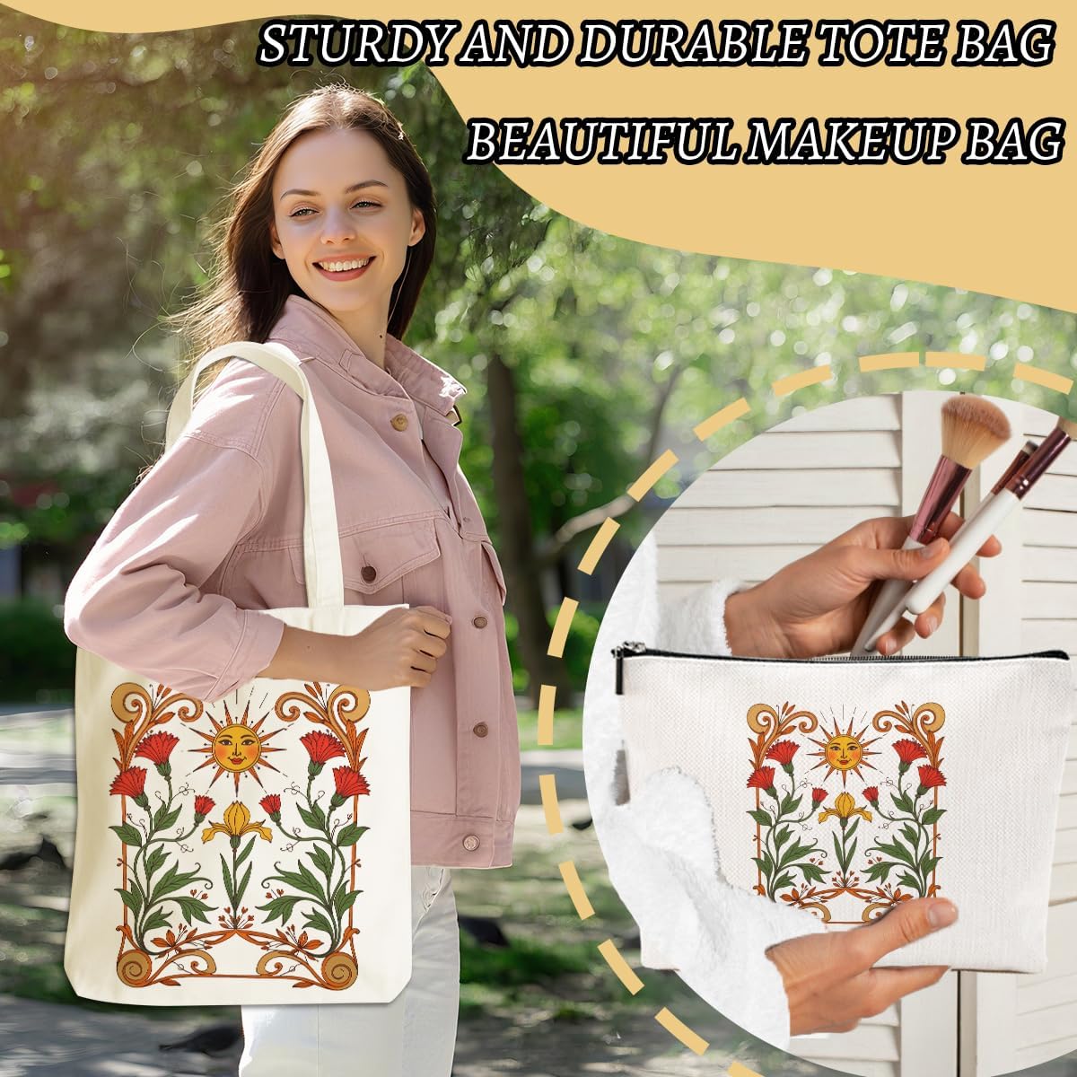 Aesthetic Boho Flower Sun Hippie Cosmetic Bags for Women Girls Sister Birthday Christmas Graduation Canvas Tote Bag Makeup Bag, Reusable Grocery Bags with Inner Pocket for Shopping Travel Accessories - Image 5