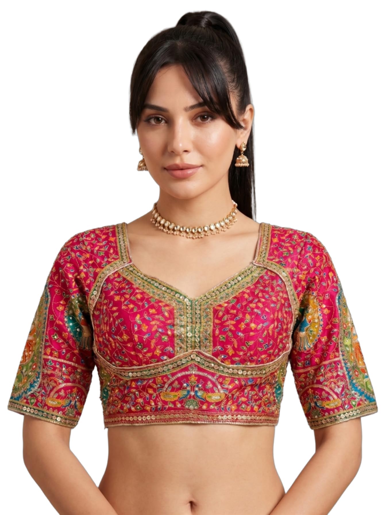 Women's Pink Pure Silk Viscose Readymade Padded Saree Blouse | Embroidered Choli for Lehenga with Zari, Sequin & Multicolor Print Work (Bust Size 38", Alterable 34" to 42")-image-43