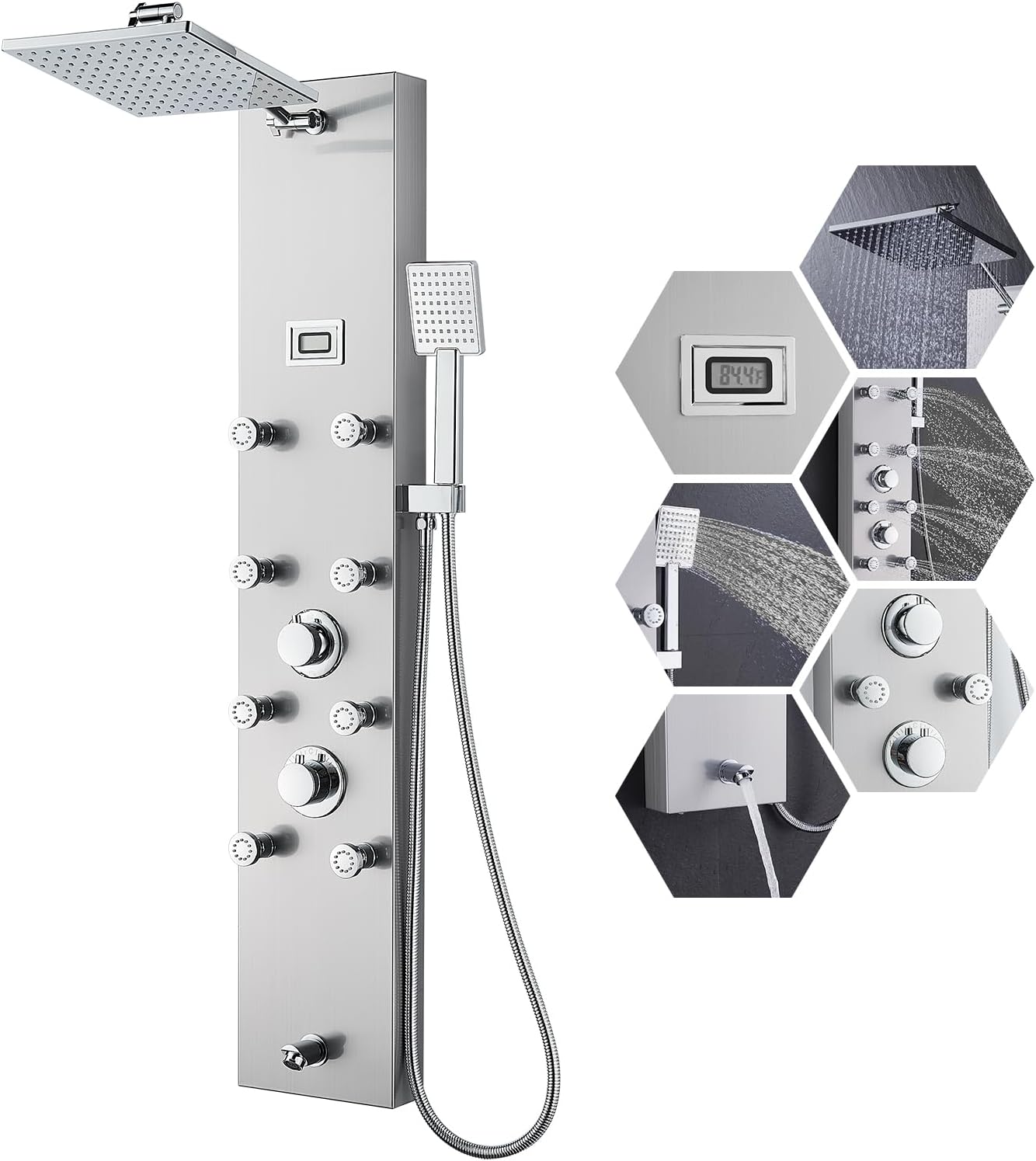 MENATT 304 Stainless Steel Shower Panels System with 8 Body Jets
