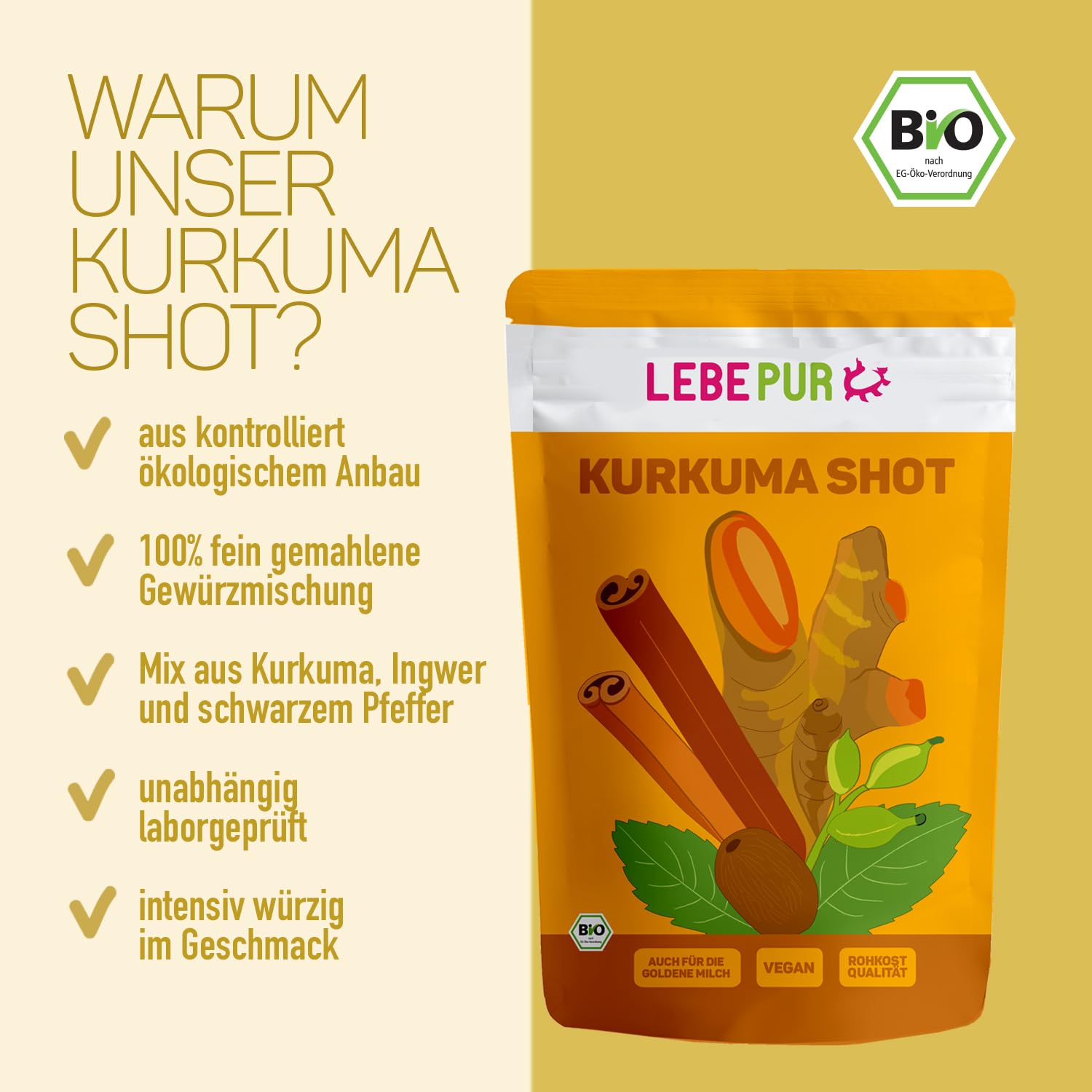 Lebepur BIO Kurkuma Shot 500g | ca. 200 Portionen hochdosiert Curcuma Shot, Ingwer Shot | 100% Bio-Gewürzmischung für Getränke | natürlicher Turmeric Shot I vegan