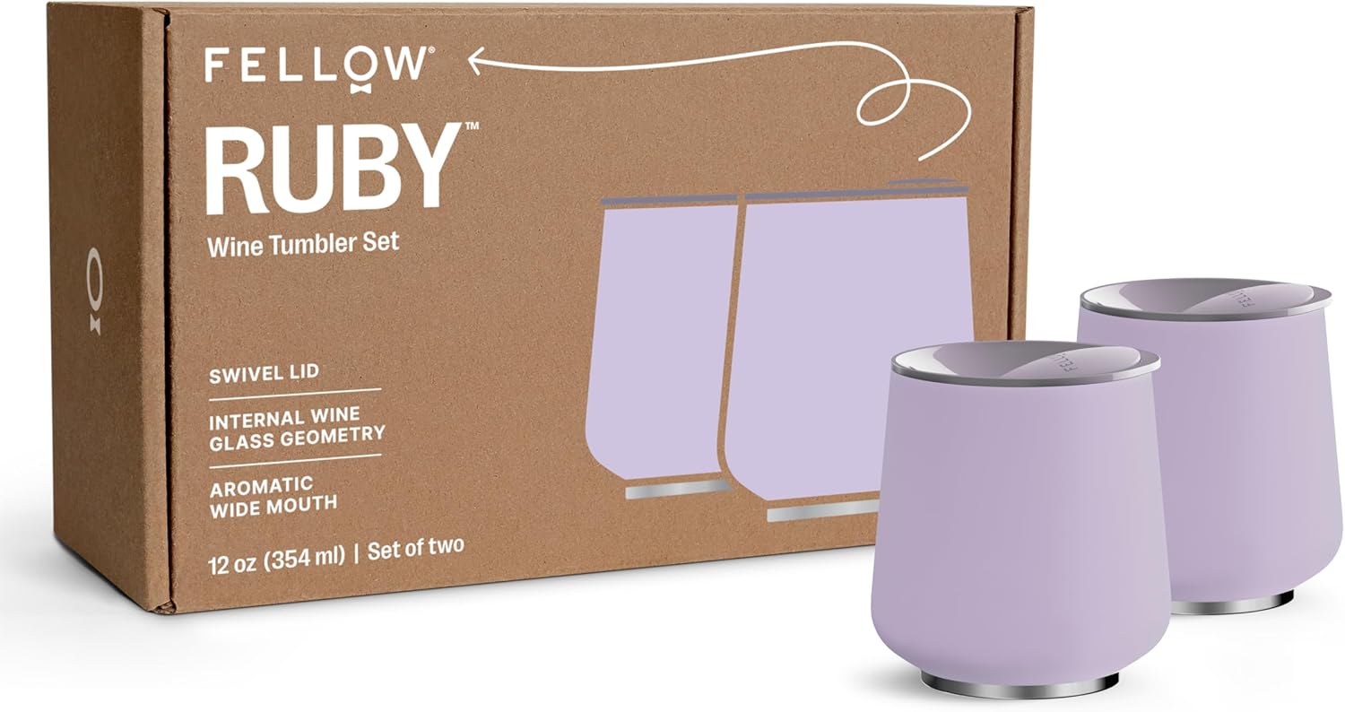 Fellow Ruby Wine Tumbler Set of 2 - Insulated Stainless Steel Wine and Cocktail Tumblers with Ceramic Interior and Swivel Pebble Lid - 12 oz, Peri Twinkle