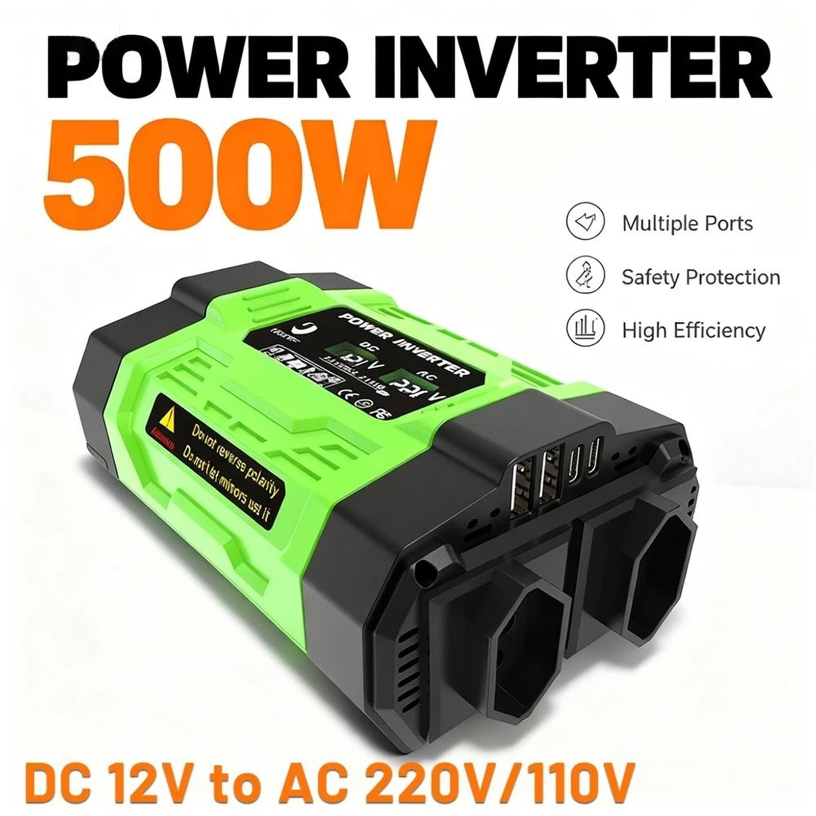 Inversor de Corriente Inversor Potencia Máxima 500W 1000W 12V A 220V 110V CHAOMIN 4 Puertos Carga Rápida Terminal Oculto LCD Inteligente(EU 12V to 220V 300W)