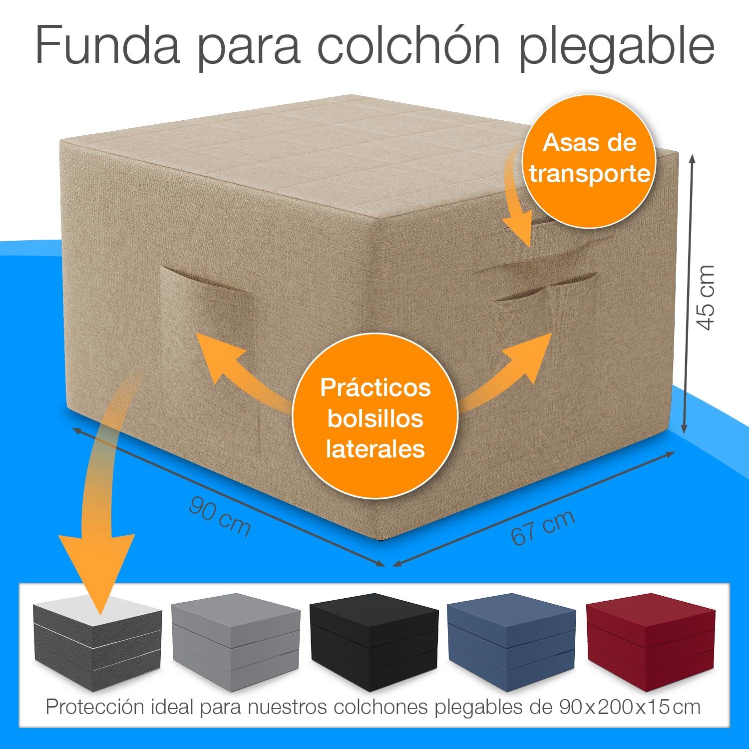 ELONEO Funda para Colchón Plegable - 90x200x15 cm, Funda Protectora con Bolsillos Laterales para Cama Plegable, Asiento y Pouf, Lavable, Diseño Moderno Crema