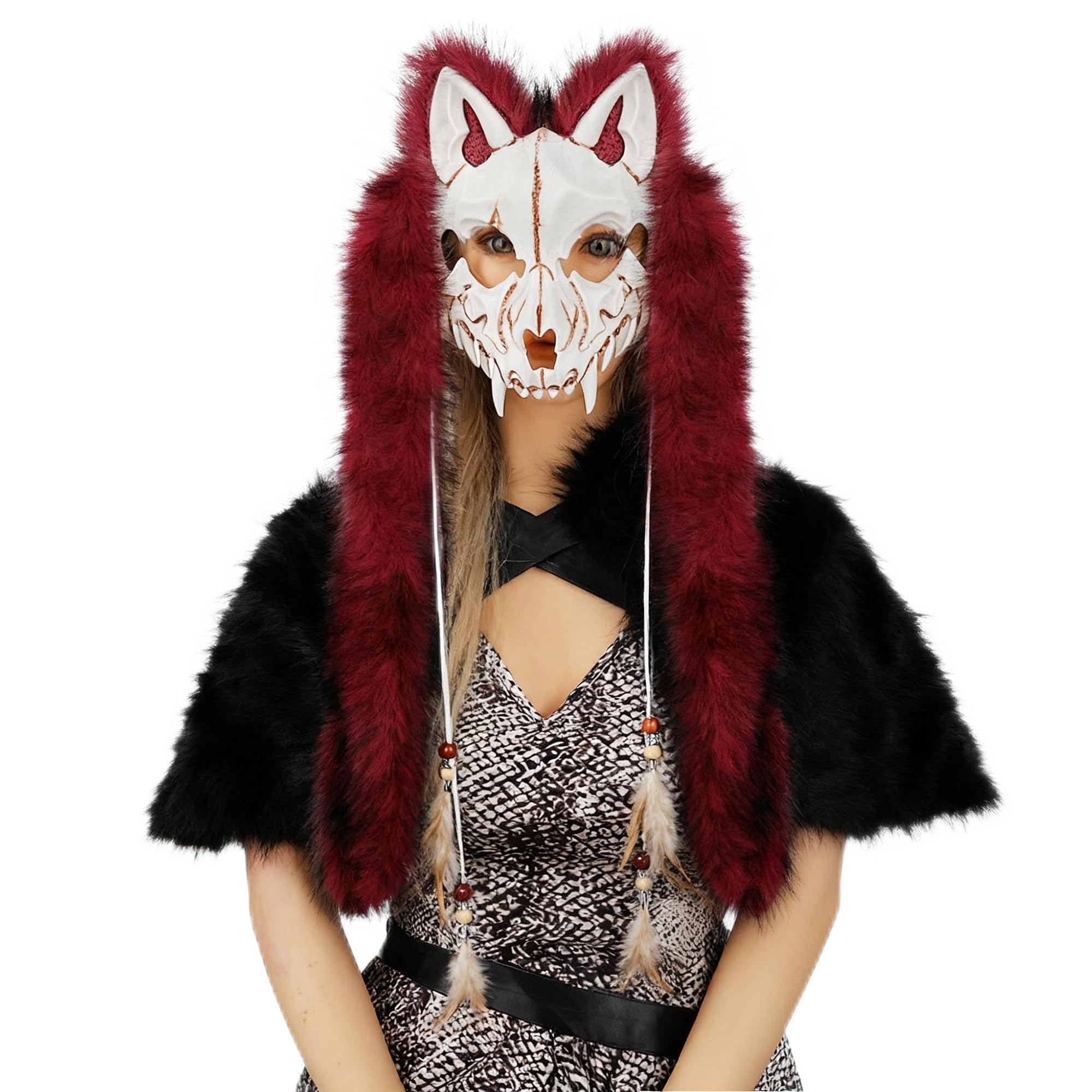 Realistic Scary Animal Skull Mask Viking Faux Fur Fox Wolf Mask Werewolf Costume Barbarian Cosplay Headdress for Men Women Halloween Party Carnival (Wine Red)