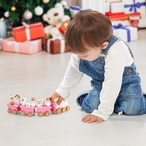 Miniatura 6 de NUOBESTY Winter Wonderland - Juego de tren de madera para decoraciones de fiesta de Navidad debajo del árbol, color rosa