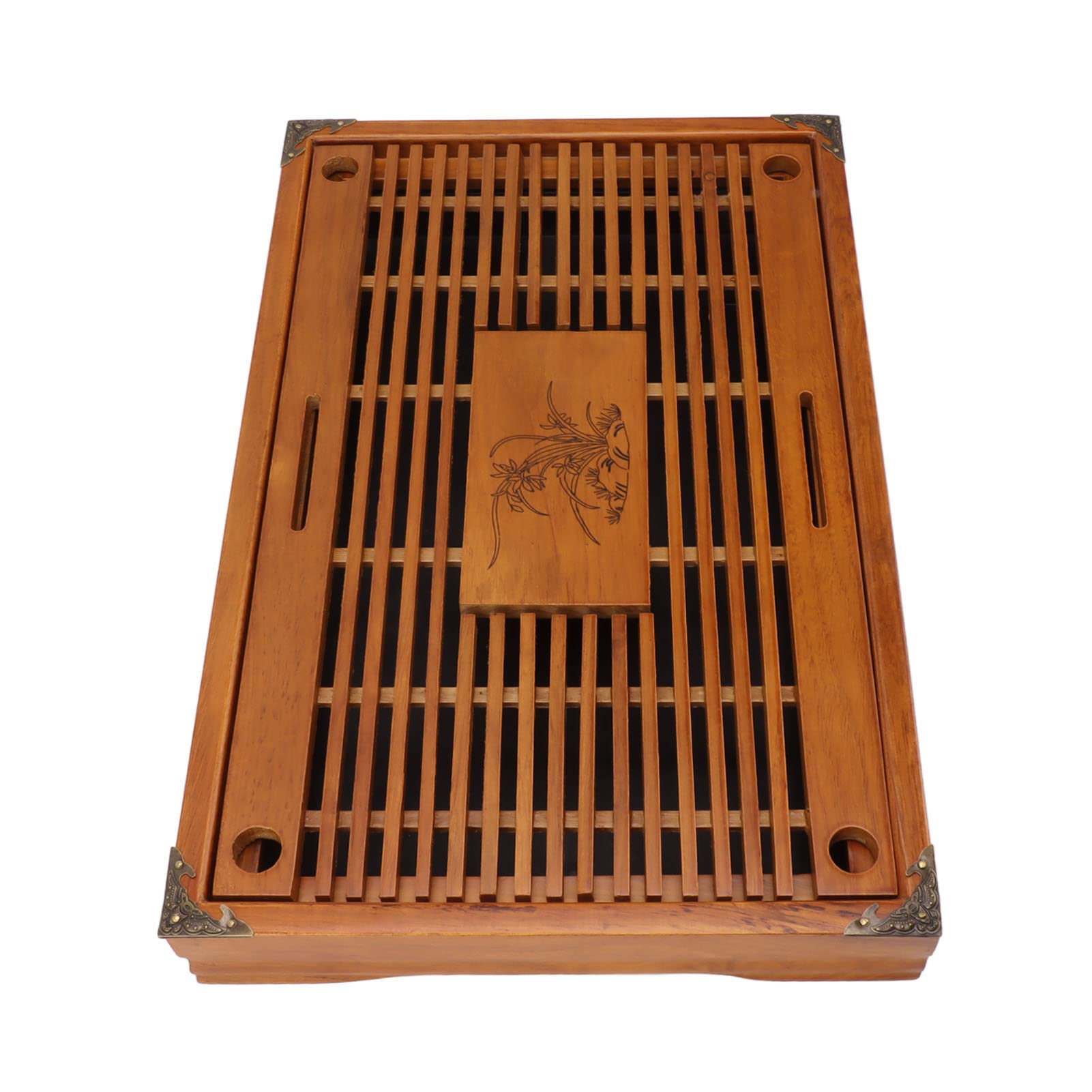 Plateau à thé en Bois Plateau à thé en Bambou Plateaux de Service de Thés de Style Chinois avec Motif D'orchidée Drainage de Stockage D'eau Haute capacité pour le Bureau à (YELLOW)