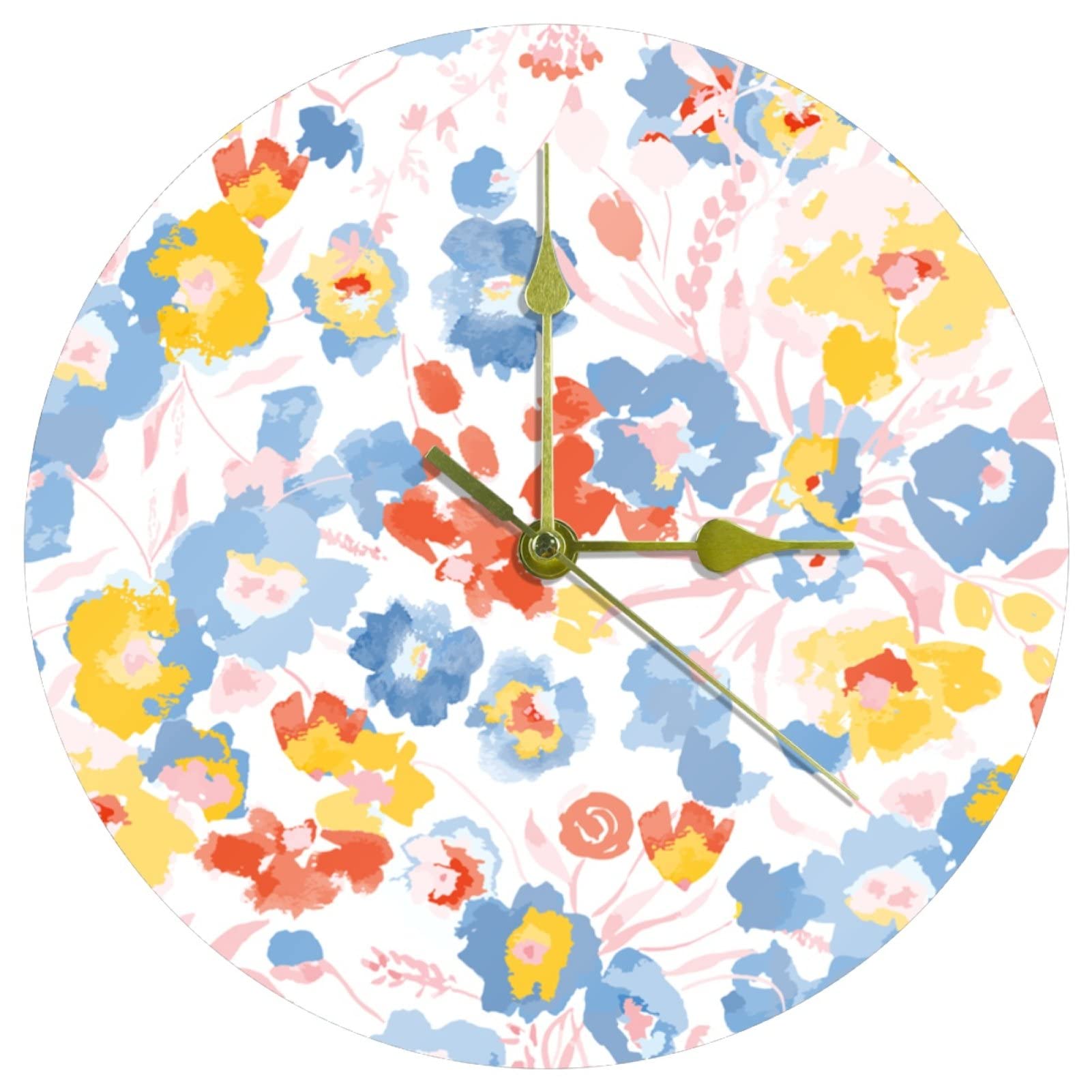 Horloge murale acrylique motif fleurs sauvages ronde et silencieuse