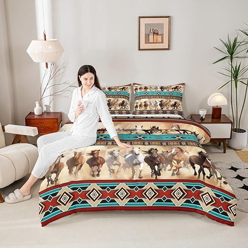 Miniatura 2 de Erosebridal Juego de edredón de caballo azteca para niñas, juego de ropa de cama de animales de granja occidental, tamaño King, decoración rústica