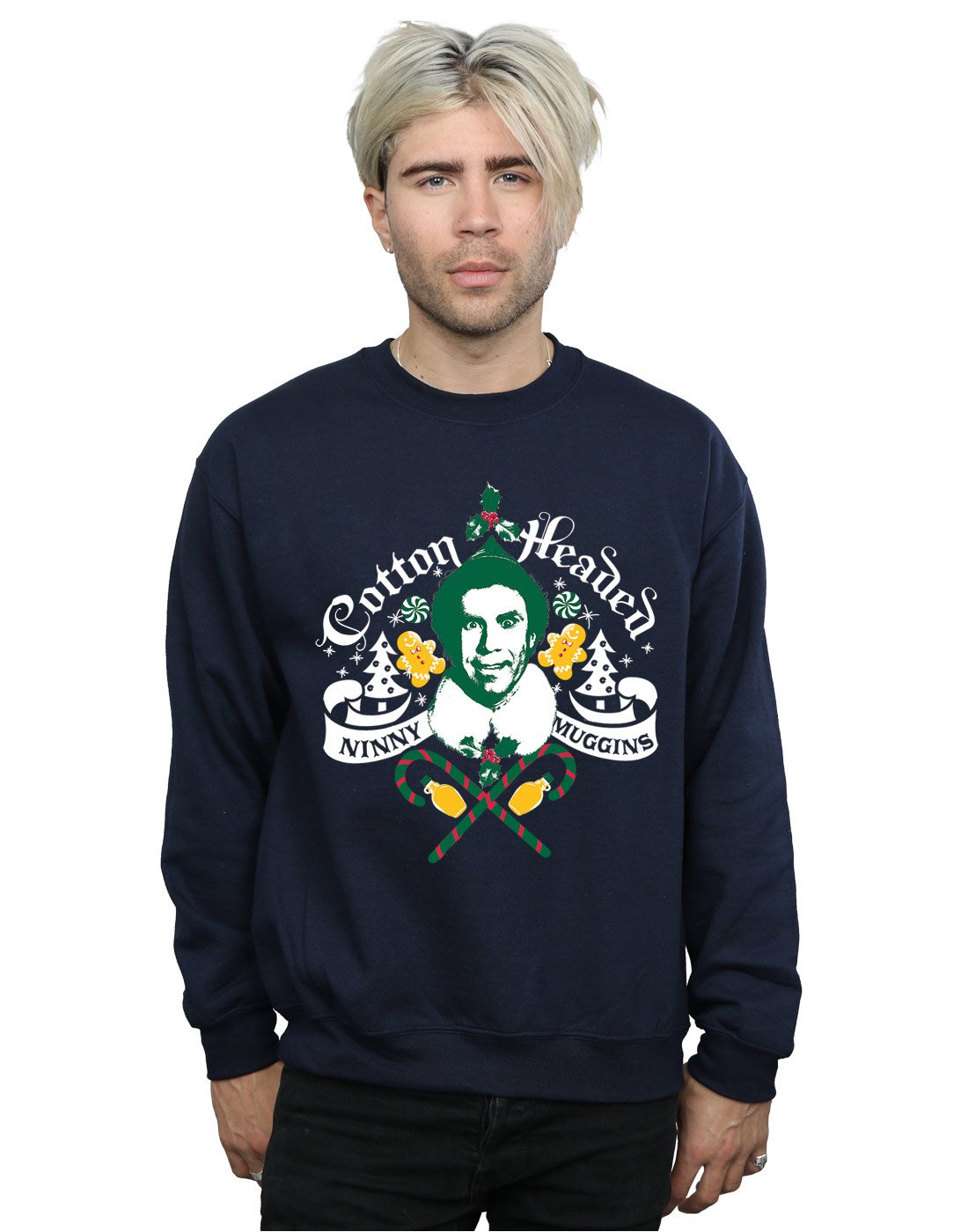Absolute Cult Men's Navy Blue Elf Cotton Headed Ninny Muggins Sweatshirt Small