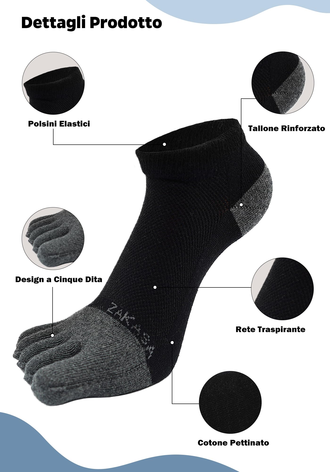 ZAKASA Calze Con Dita Uomo Sportivi: Cotone Calzini con Cinque Dita Calzino Corti 5 Dita Separate Traspiranti calzetti Five Finger per Running Fitness Sport 5 Paia