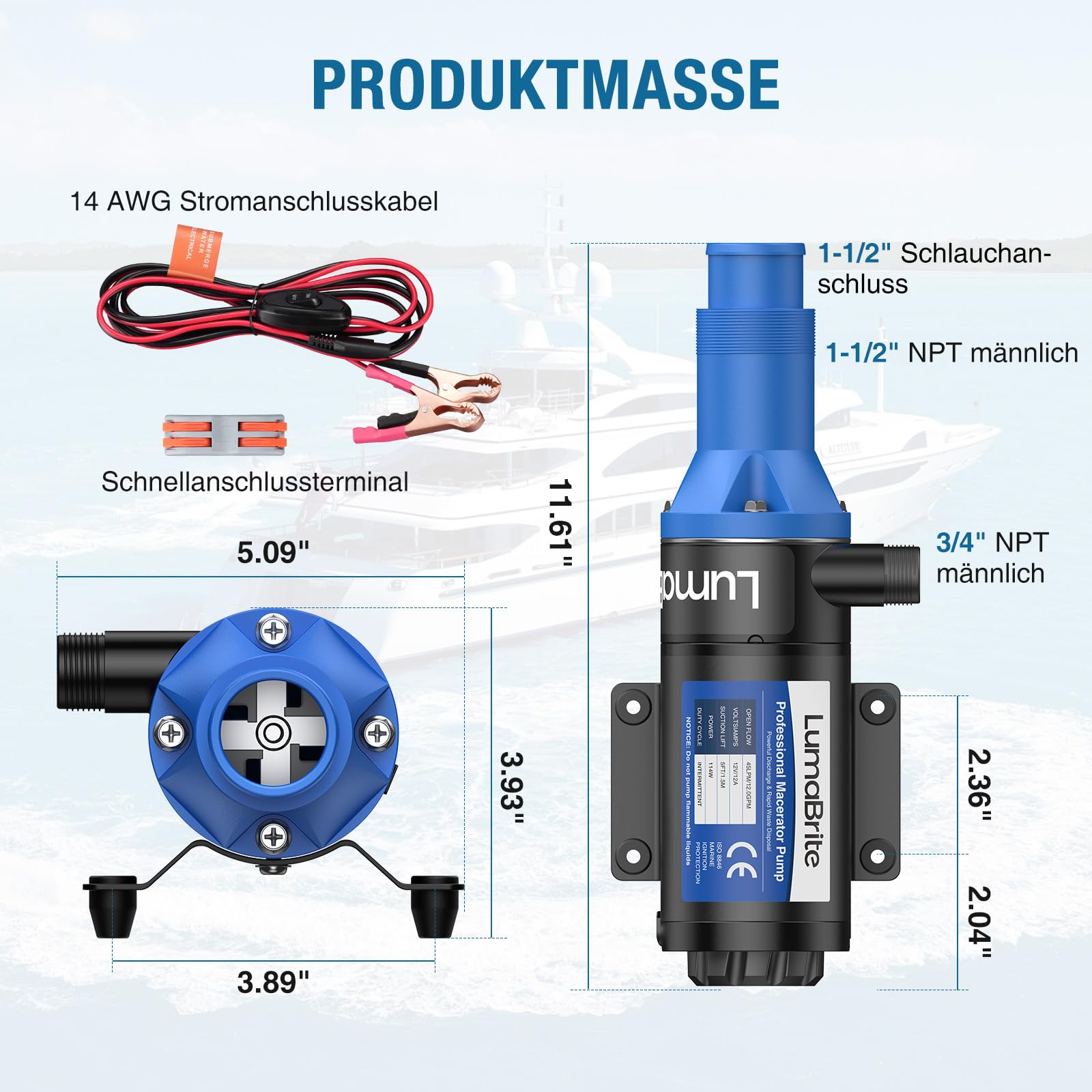 Zerkleinerungspumpensystem 12V, Zerhackerpumpe 12 GPM (45 LPM) | 5 FT Fäkalienpumpe 12V für RV Marine mit 4-Klingen-Hacker für Wohnmobile,Boote,Camper und marine Antiverstopfung