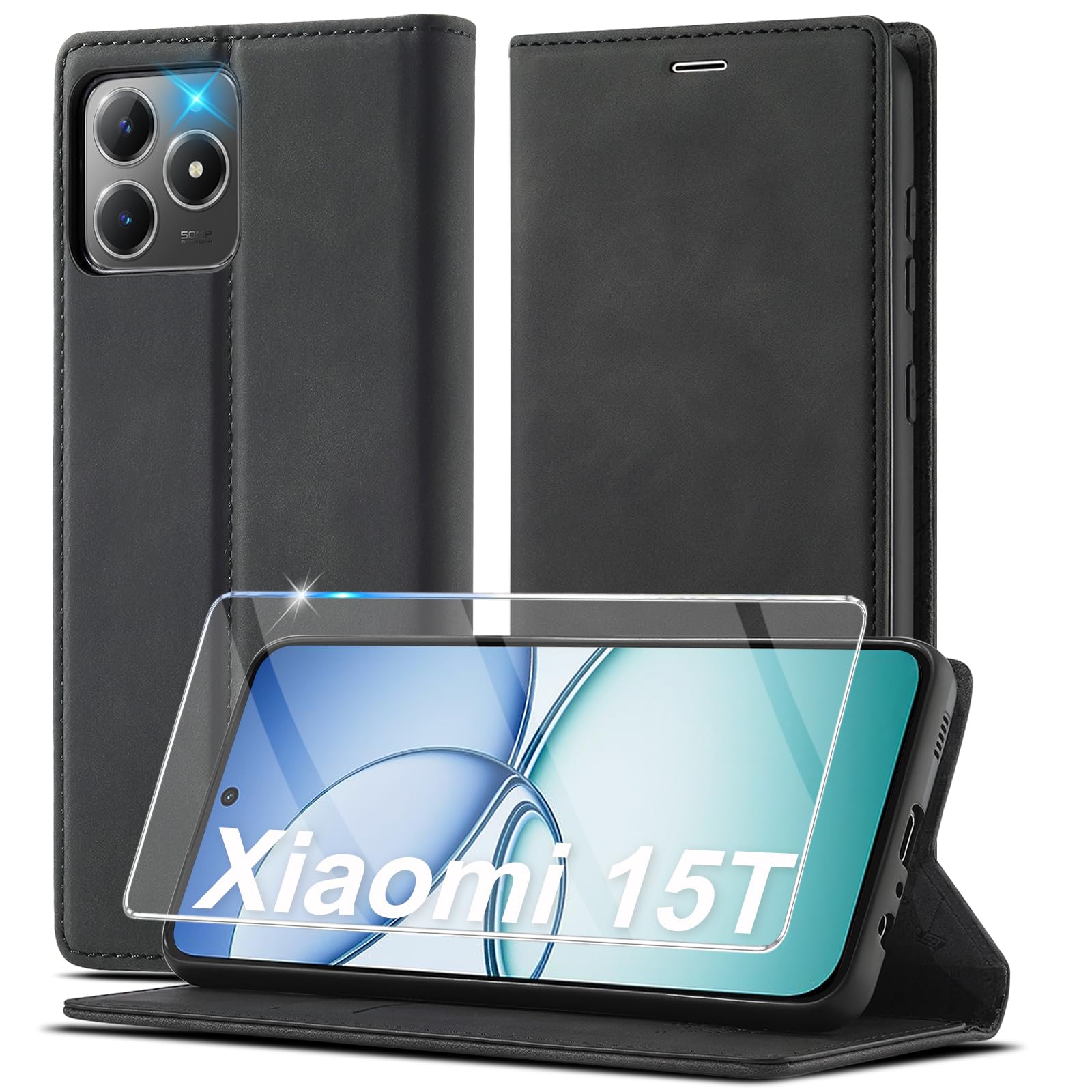 Ailicici Leder für Xiaomi 15T Hülle 4G/5G [Mit Schutzfolie] Wallet RFID Blocker Handyhülle, Ledermaterial Kartenfach Klapphülle, Klappbar Ständer Flip Case,Stoßfeste Holster Cover Schutzhülle