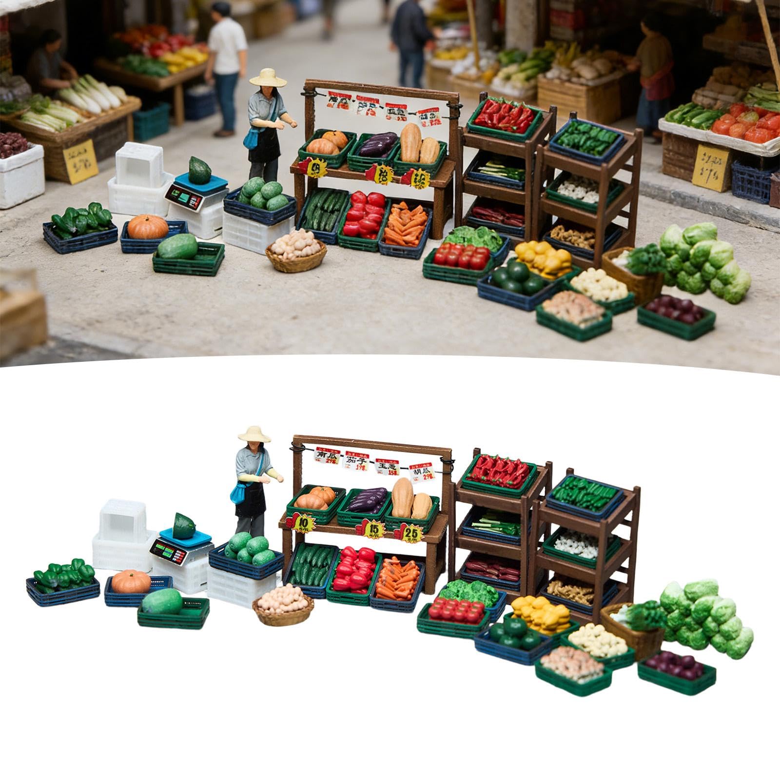 Miniatur Gemüse Stand Zubehör Miniatur Figuren Resin Modellset mit Feinen Details für Modellbau Sammlervitrine Hobbyraum 2.8cm