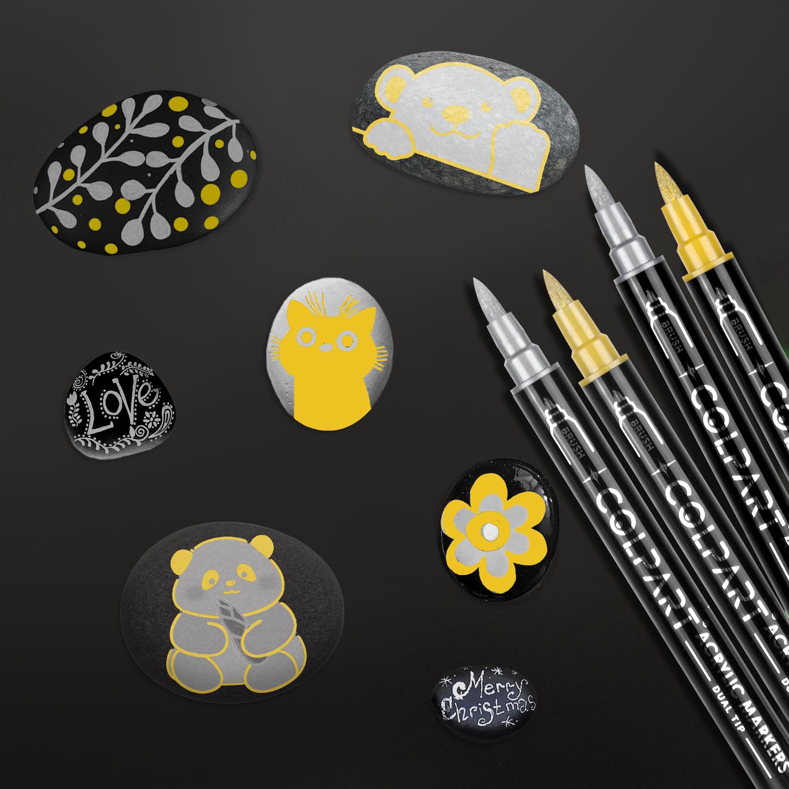 Rotuladores de pintura acrílica de doble punta, paquete de 4 bolígrafos de pintura negra para madera, lienzo, piedra, pintura de roca, vidrio, suministros de arte de bricolaje (negro/blanco)