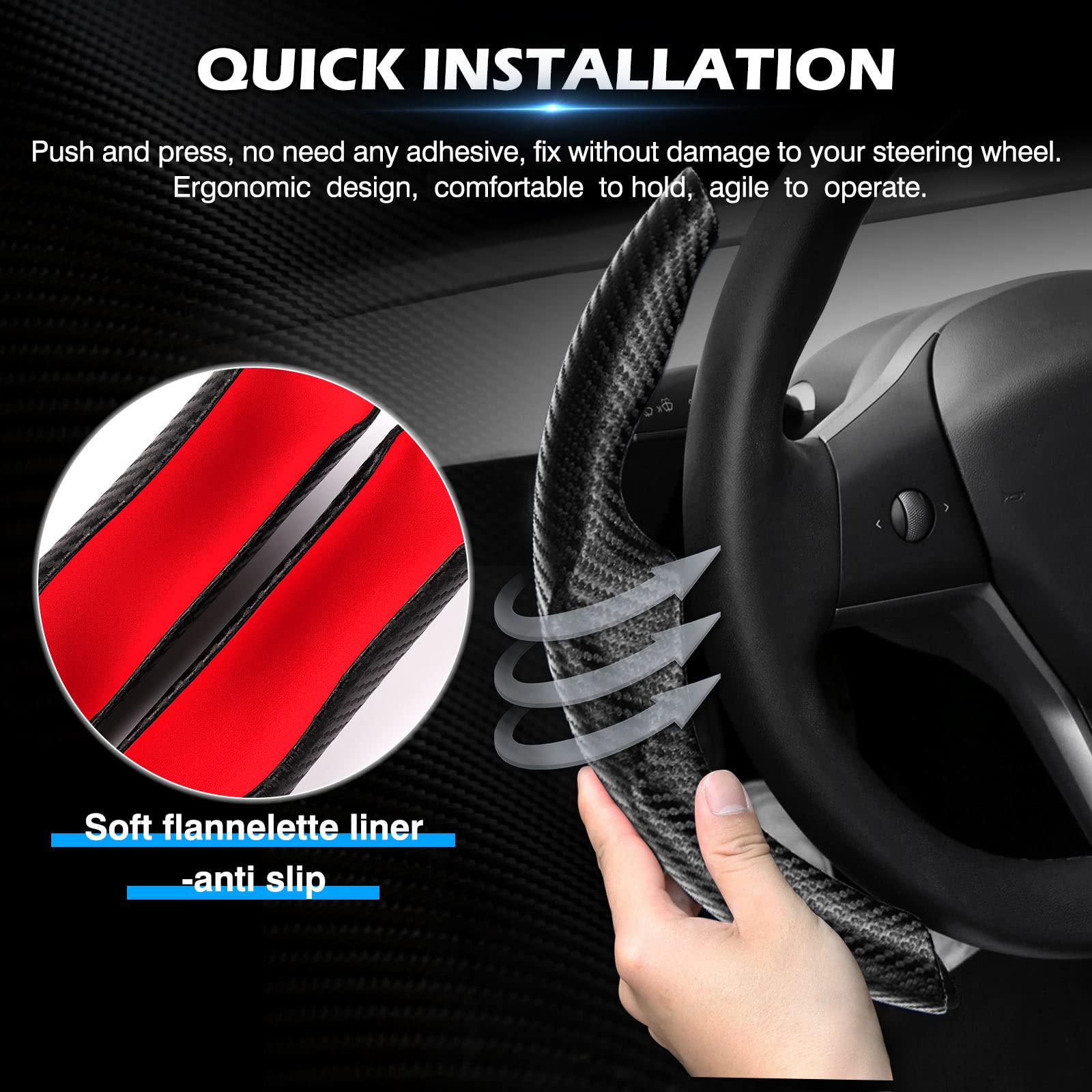 Accessori Auto Universali Coprivolante In Pelle E Fibra Di Carbonio Per Volante A D - Antiscivolo, Universale Per Diametro 38cm, Colore Nero-Rosso Volante Pelle Fibra Carbonio