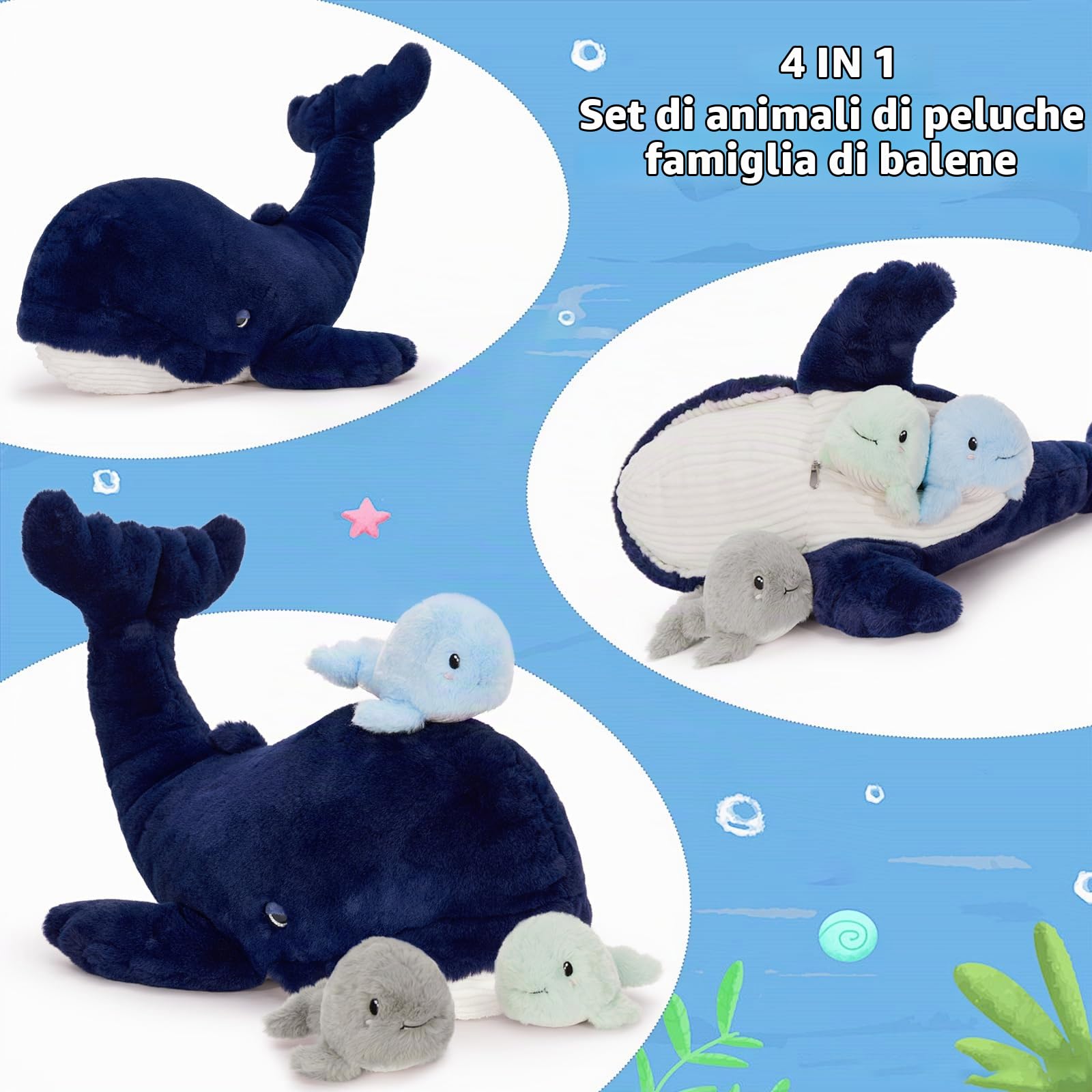 MorisMos Balena Peluche 50cm, Blu scuro Balena Mamma con 3 Cuccioli, Grande Realistico Morbido Dolce Giocattolo di Peluche Regalo per Bambini Compleanno Natale Deco