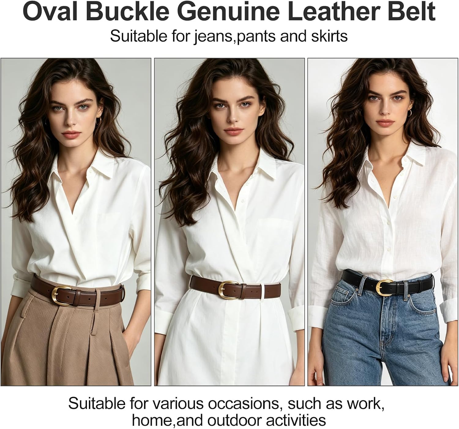 Oval Buckle Genuine Leather Belt for Women, Gold Plated Buckle, Black/Brown Slim Waist Belt for Jeans Pants Dresses