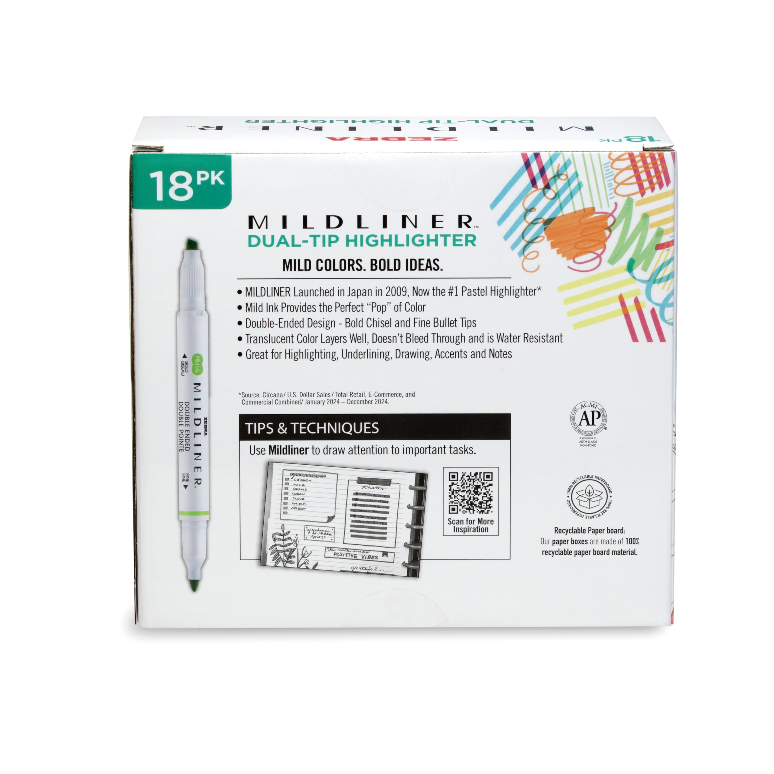 Zebra Pen Mildliner Doppelend-Textmarker, breite und feine Spitze, ideal für Bibelmarkierungen, kein Ausbluten, 18 Pastell- und neutrale Tintenfarben, 18 Stück
