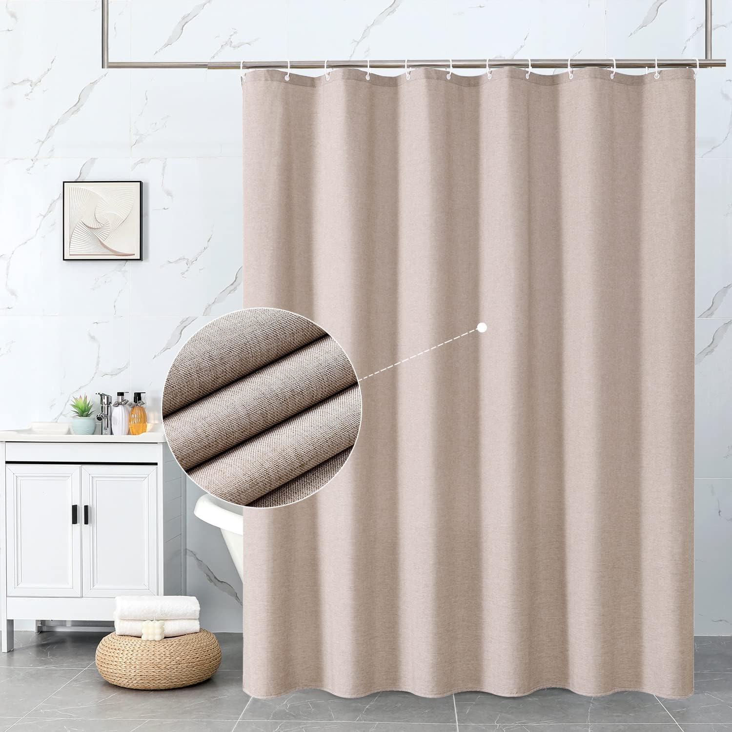 Linen Eyelet Shower Curtains Mildew Resistant Waterproof Washable, Weighted Hem Bathroom Shower Curtain with 12 White Bath curtain Hooks 180x180cm Taupe,Tan