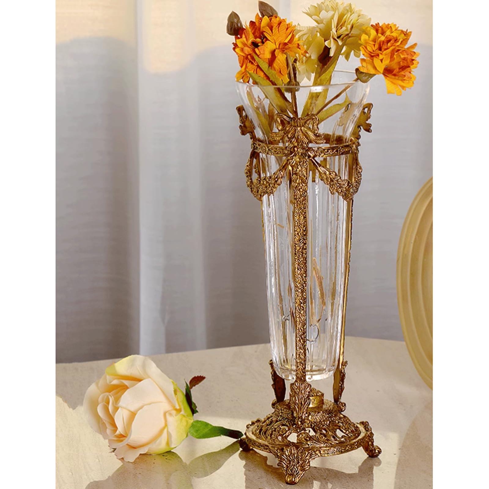 Kristallen glazen vaas met messing voet Stijlvolle moderne koperen en glazen bloemenvaas Decoratieve Europese vaas voor eettafel Woonkamer Bruiloft Centerpieces Decor