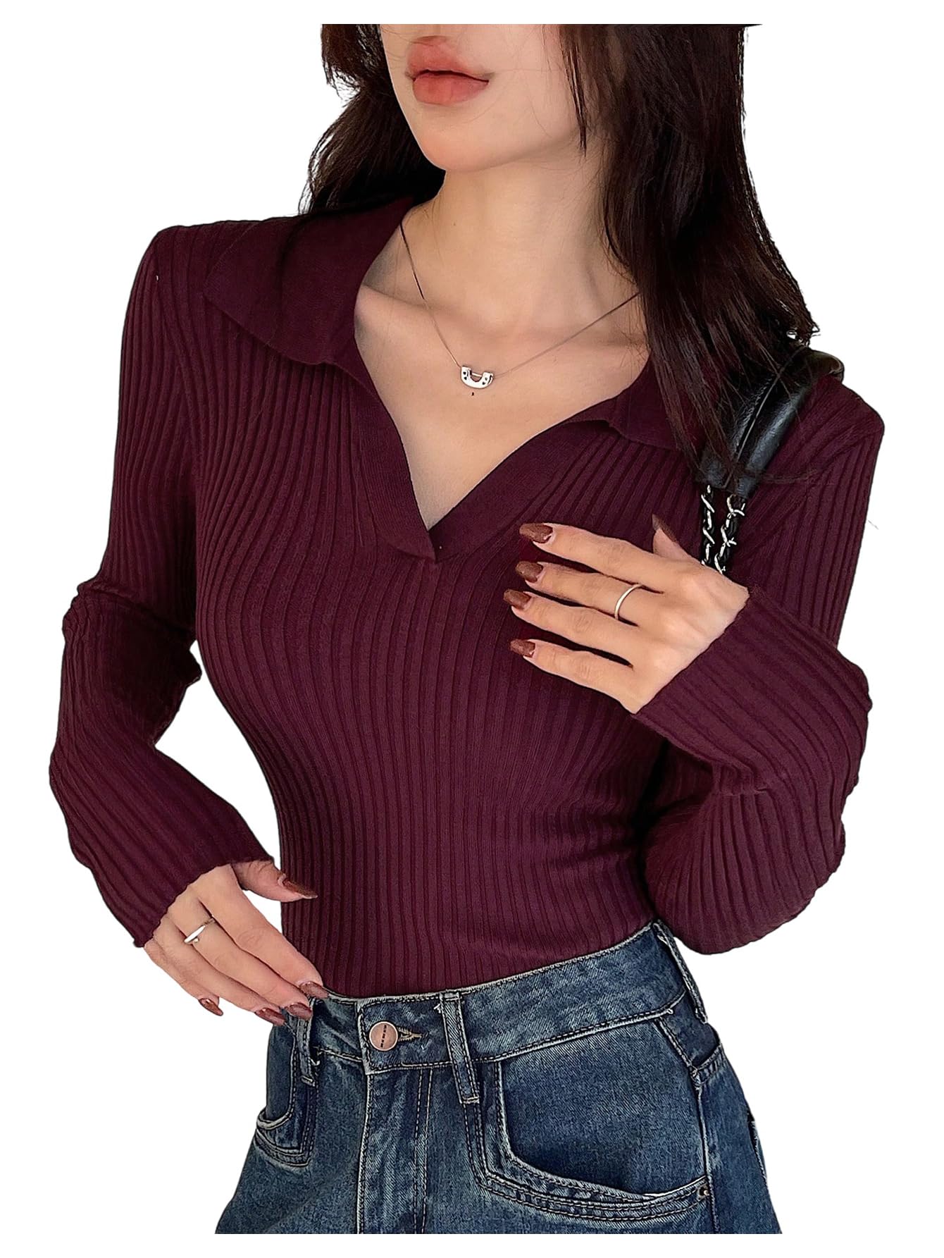 Womens Ribbed Knit Sweaters Collared Long Sleeve Pullover Jumpers Fitted Sweater