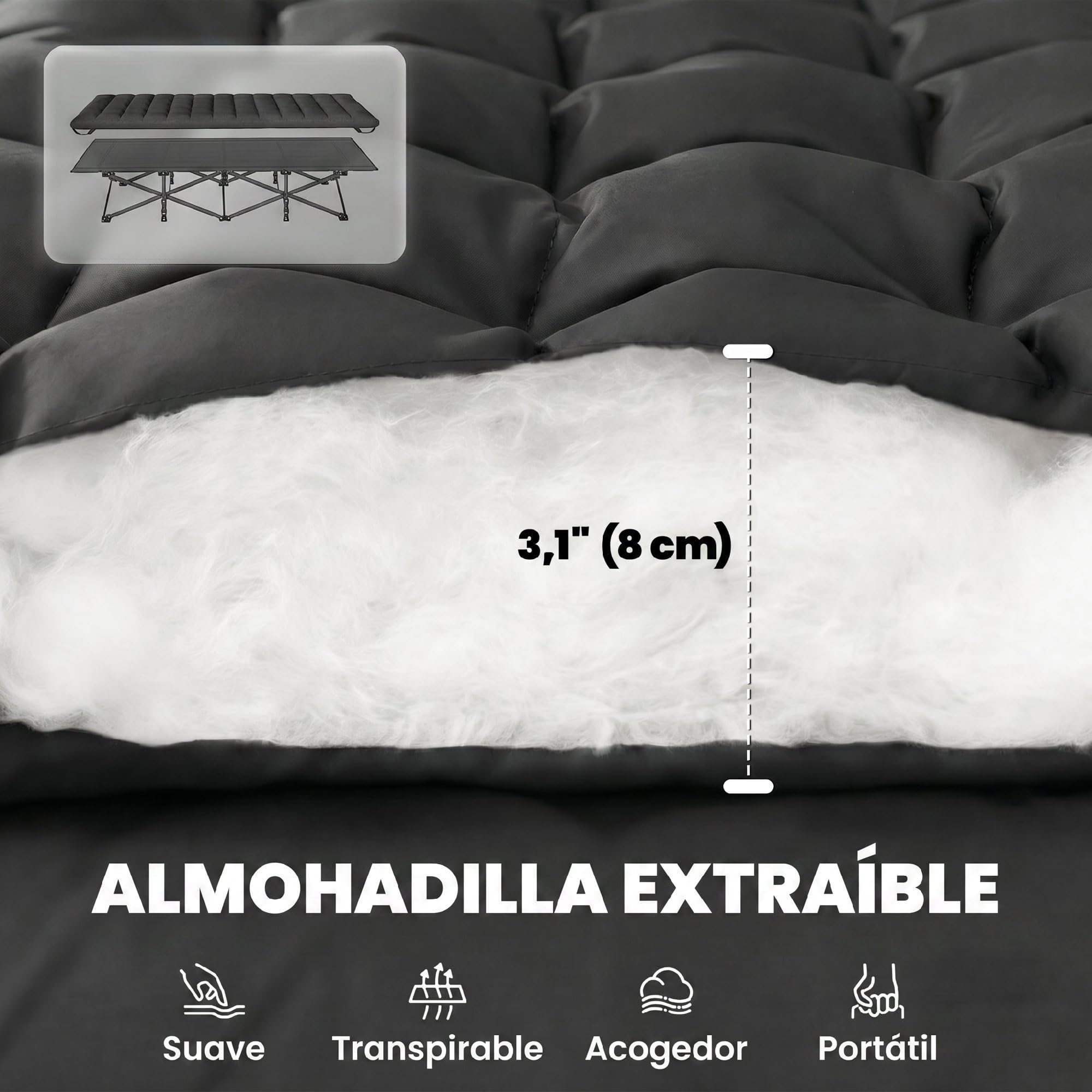 Outsunny Cama Plegable Camping con Colchón Extraíble Cama de Acampada Portátil Extra Ancha 80 cm Tela Oxford 600D con Reposacabezas Bolsa Transporte Bolsillo Carga 200 kg para Playa Senderismo Negro