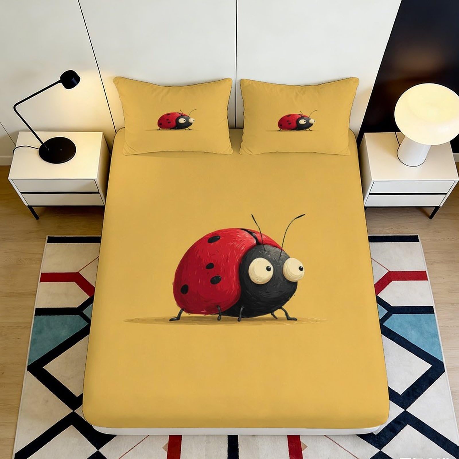 3D Printed Cute Ladybug Fitted Sheet Microfiber Soft Yellow Cartoon Bed Cover for Bedroom Dorm Mattress Protection Decor 90x200x25cm