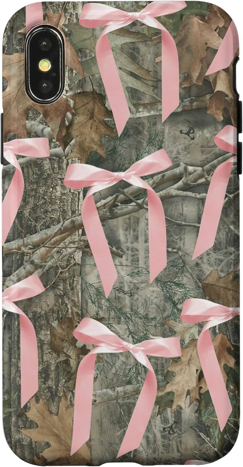 iPhone 14 Cute Camo Pink Bow Ribbons Case