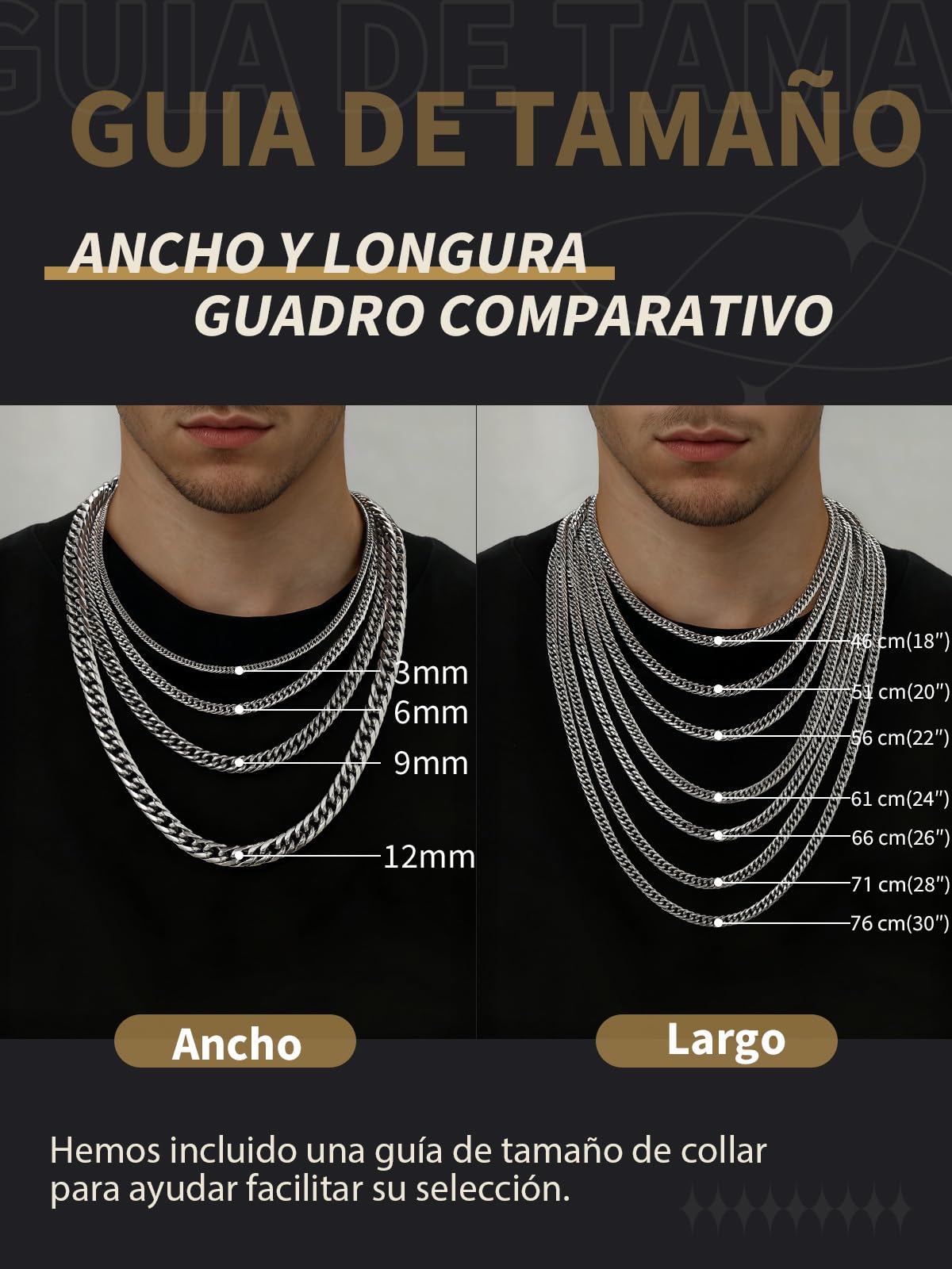 FindChic Collar de Cadena Cubana Acero Inoxidable, Cadena Plateado/Dorado/Negro 3mm/6mm/9mm/12mm de Ancho 46-76cm de Longitud, Regalos para Hombre Chico Amigos Novio con Caja de Regalo