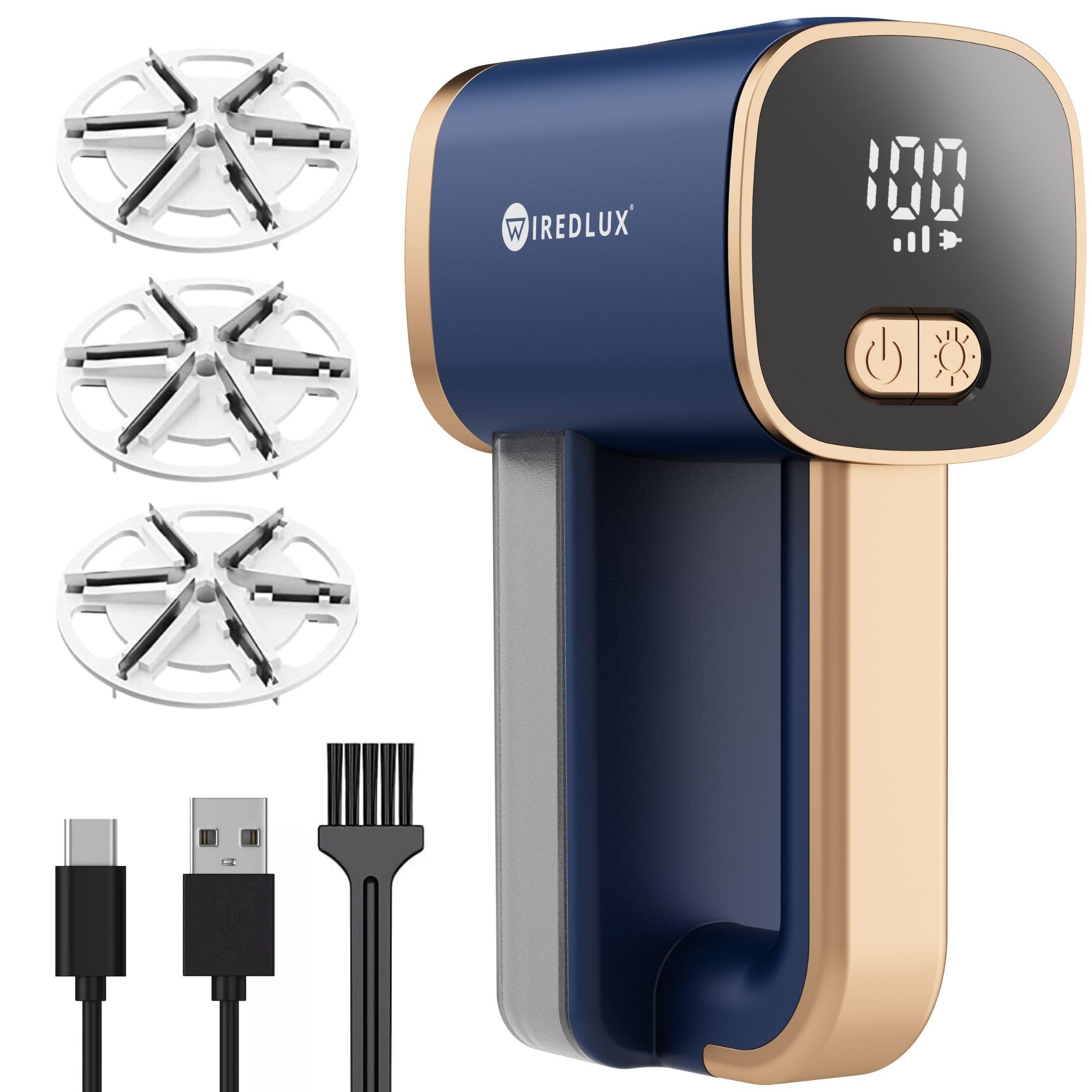 Fusselrasierer Elektrisch WiredLux - Wiederaufladbarer Fusselentferner für Kleidung & Möbel - LED-Licht, Einstellbare 3-Fach Geschwindigkeit, 6-blättrige Klinge, USB-Aufladung (Kobaltblau/Kupfer)