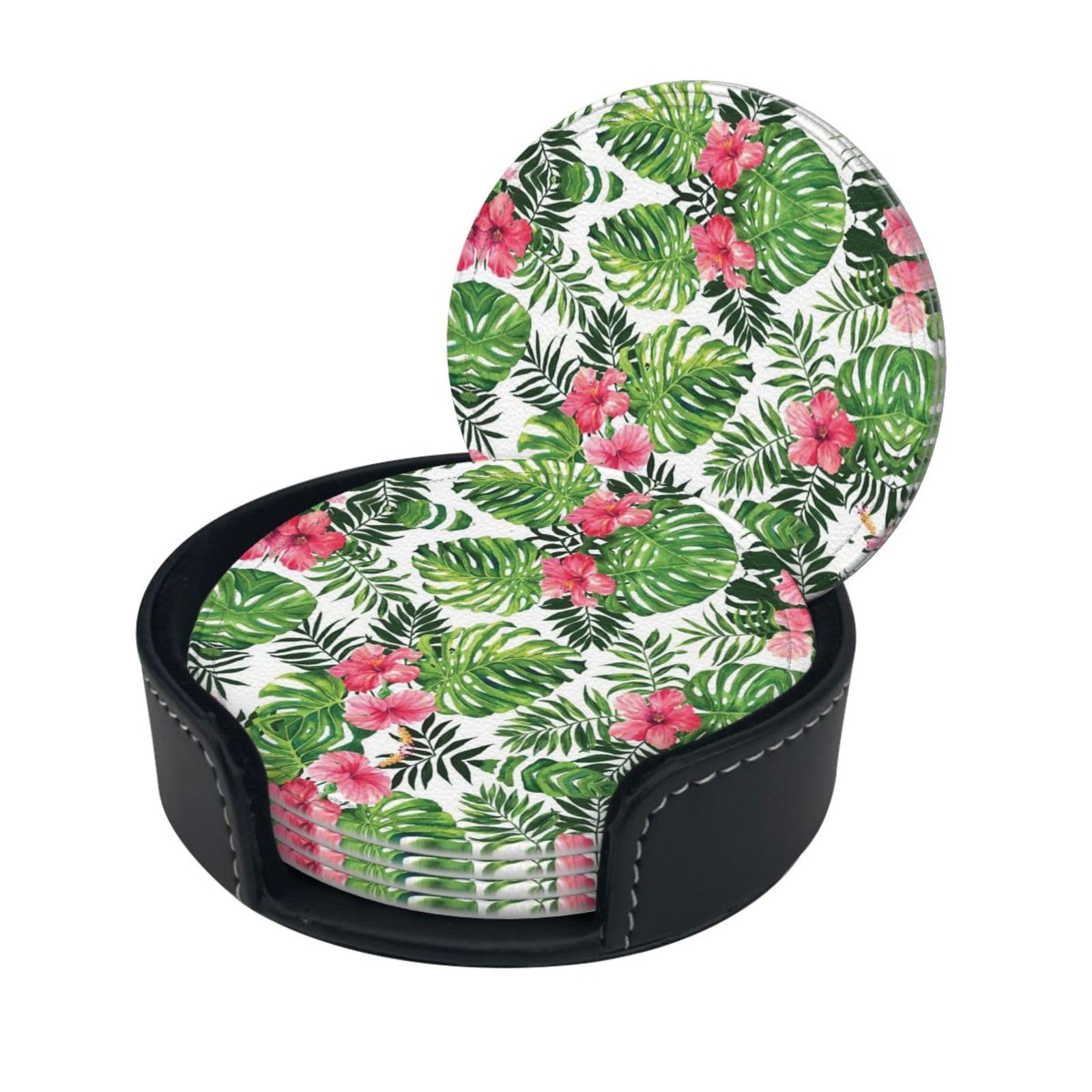 Lklddpzb White Tropical Leaves Print Round Leather Coasters - Set Of 6, Ultra-Fiber Pu Leather